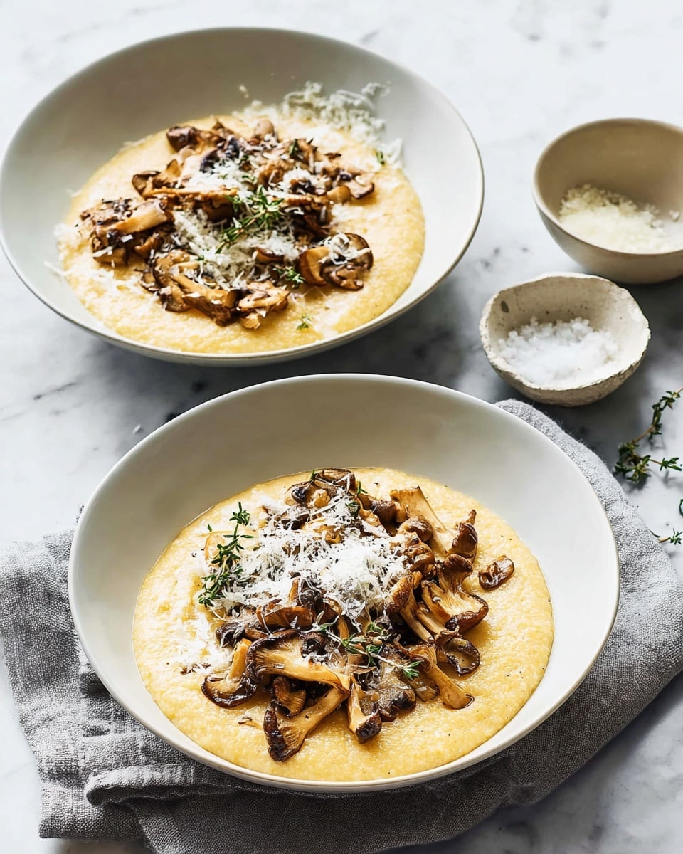 Two white bowls sit on a gray cloth over a white marbled surface. Each bowl contains a creamy, yellow layer of polenta topped with a layer of browned, crispy mushrooms scattered unevenly across the surface, garnished with small green herbs and light sprinkles of grated cheese. To the left of the bowls, two small white dishes hold extra grated cheese and coarse salt. photo taken with an iphone --ar 4:5 --v 7