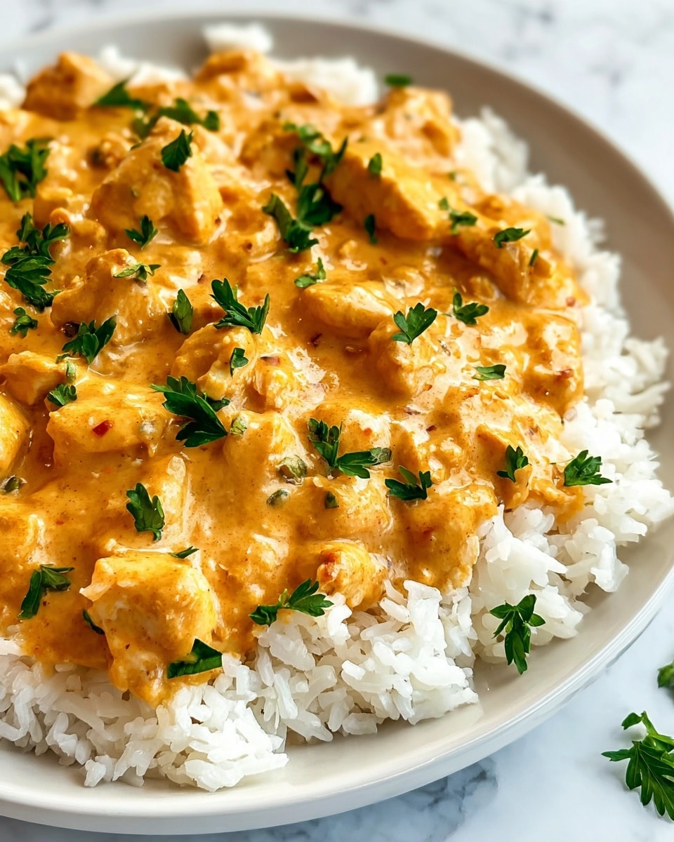 A white plate filled with a bed of fluffy white rice as the base layer, topped with a creamy light orange chicken curry sauce that has small chunks of tender chicken throughout. The sauce covers the rice evenly and is garnished with small, fresh green parsley leaves scattered on top, adding a pop of color. The texture of the sauce looks smooth and rich with slightly browned parts on the chicken chunks. The plate rests on a white marbled surface. photo taken with an iphone --ar 4:5 --v 7
