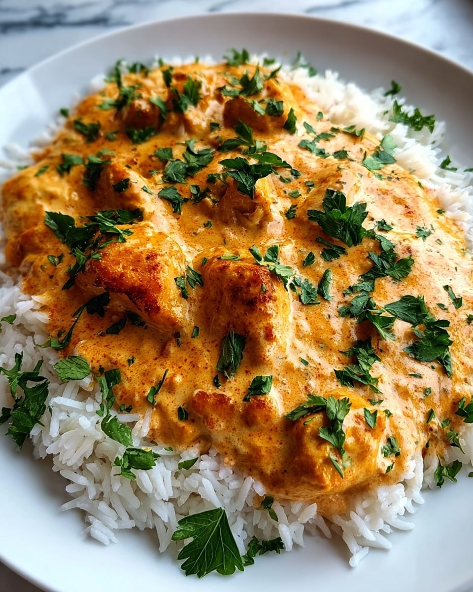 A white plate holds a bed of fluffy white rice as the first layer, with a thick creamy orange sauce laid over it as the second layer, covering golden-browned chunks of chicken. The sauce has a slightly bubbly, textured surface and is topped with scattered fresh green parsley leaves for color contrast. The background shows a white marbled surface. photo taken with an iphone --ar 4:5 --v 7