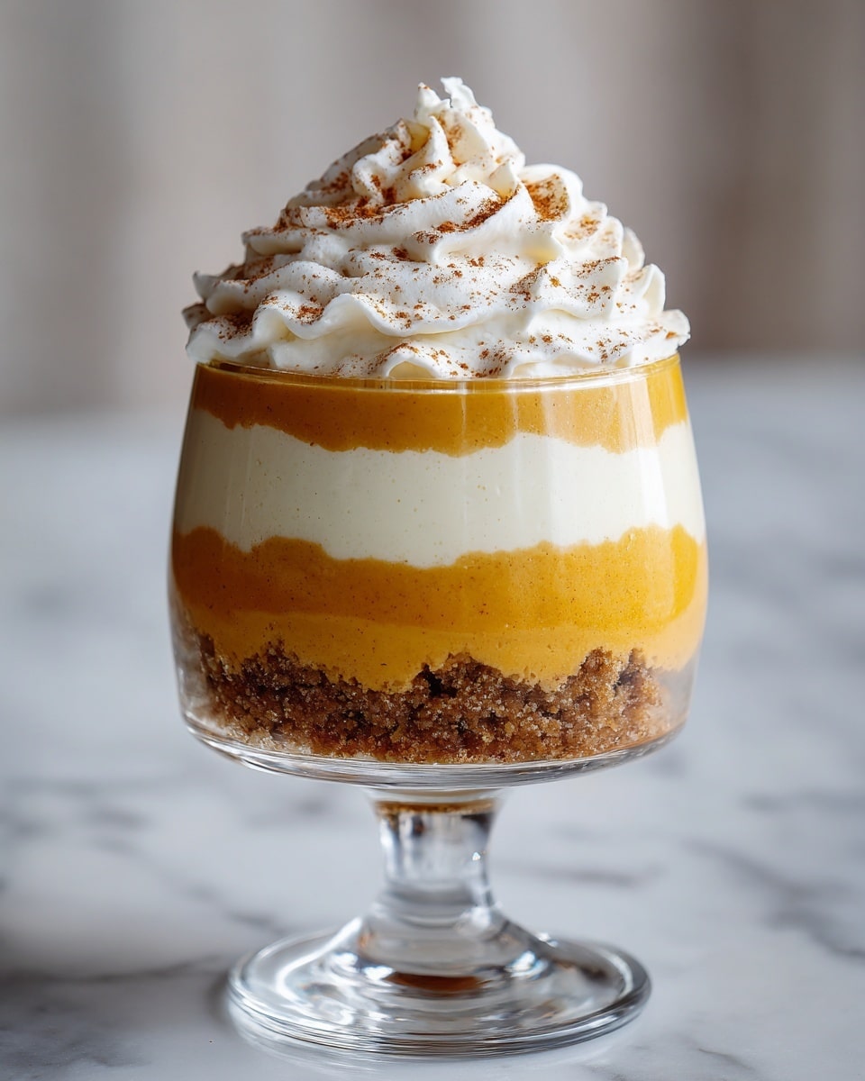 The image shows a layered dessert in a clear glass goblet with three visible layers: the bottom layer is a crumbly brown crust, the middle layer is a smooth, thick orange pumpkin mousse, and the top layer is a generous swirl of white whipped cream sprinkled with fine brown cinnamon or spice powder. The glass sits on a white marbled surface with a blurred soft background, highlighting the dessert’s colors and textures. photo taken with an iphone --ar 4:5 --v 7