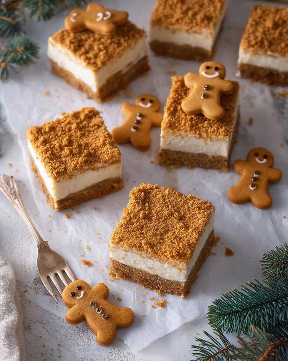 The image shows several square layered dessert pieces arranged on white parchment paper over a white marbled surface. Each piece has three layers: a bottom light brown crumb base, a thick middle white creamy layer, and a top layer covered with golden brown crumbs. Some pieces are topped with small gingerbread-shaped cookies decorated with smiling faces and three small buttons. A fork with a piece of the dessert on it rests near the bottom, showing the visible layers. Green pine branches are placed around the edges, adding a festive touch. Photo taken with an iphone --ar 4:5 --v 7