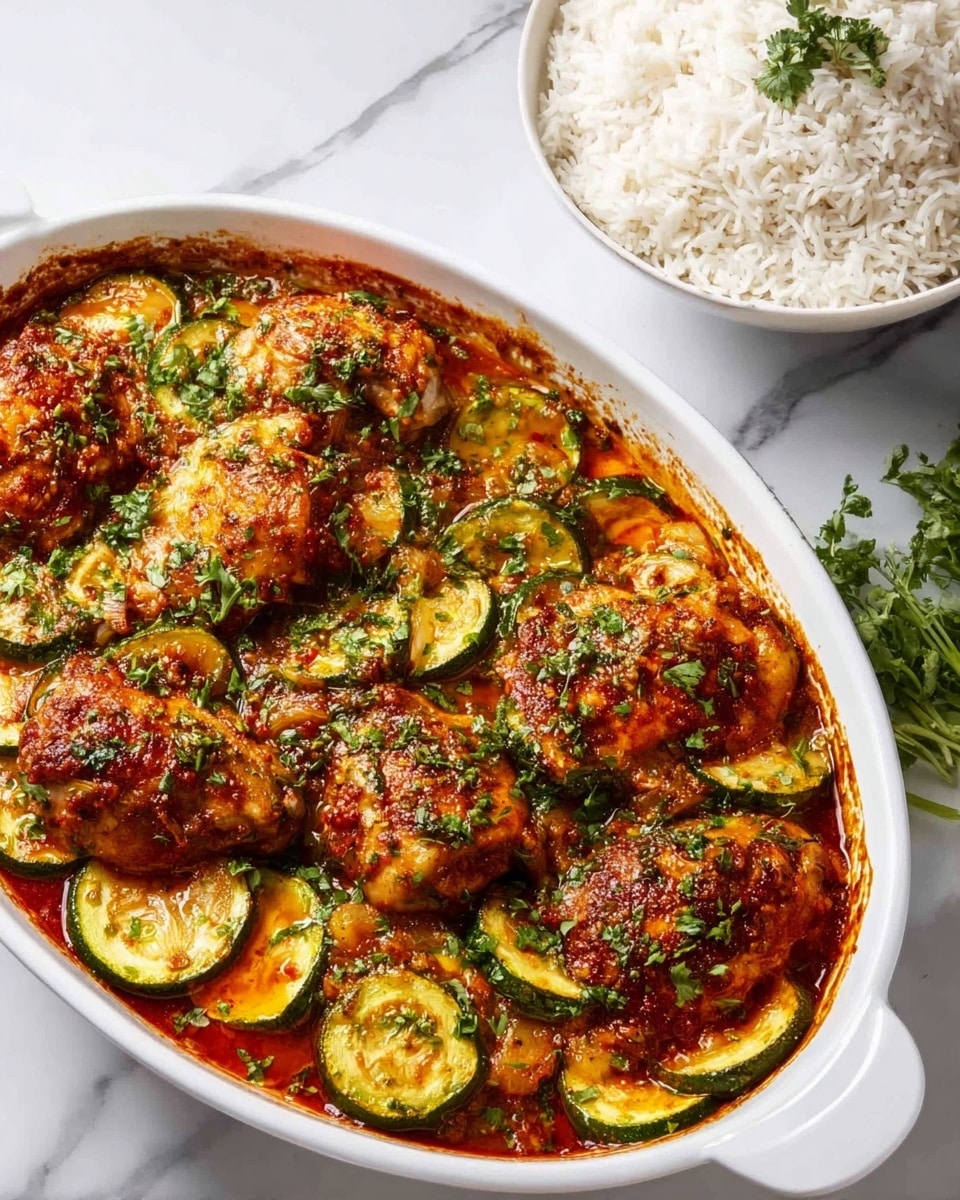 A white oval baking dish filled with baked chicken thighs on top of a layer of sliced zucchini, all cooked in a rich, reddish-orange sauce that looks thick and spicy, with finely chopped green herbs sprinkled over the chicken and vegetables; next to the dish is a round white bowl filled with fluffy white rice, all set on a white marbled surface with some fresh green herb sprigs nearby, creating a fresh and inviting look. photo taken with an iphone --ar 4:5 --v 7