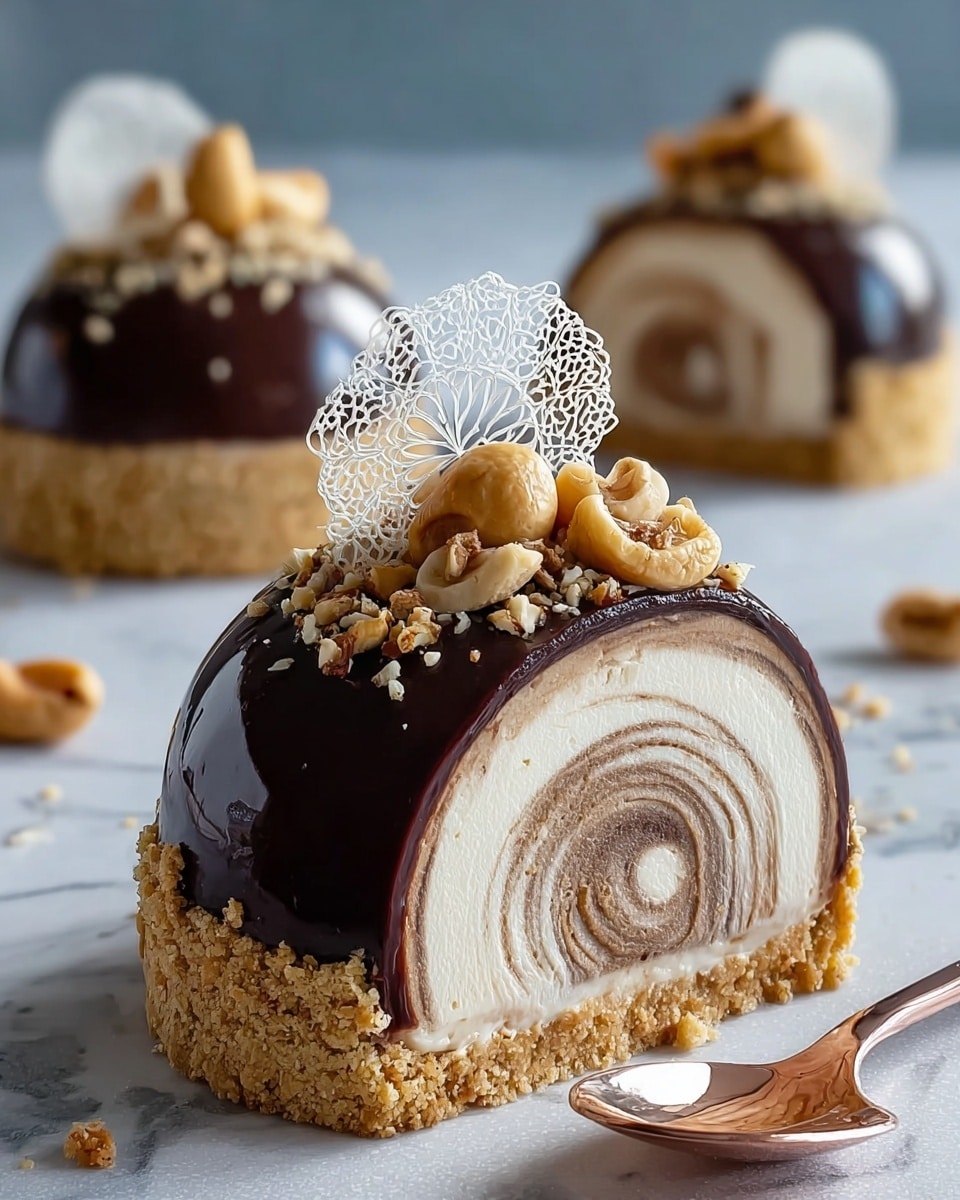 The image shows a dome-shaped dessert cut in half, revealing four layers. The bottom layer is a light brown crumbly cake base. Above it, there is a thick layer of white cream with swirls of light brown mixed into it, adding a marbled effect. The third layer is a smooth, light beige mousse that surrounds the creamy center. The dessert is topped with a shiny dark chocolate dome decorated with thin white lines, cashew nuts, small pieces of nuts, and a delicate white spun sugar decoration at the top center. The dessert sits on a white marbled surface, with a silver fork placed nearby. Photo taken with an iphone --ar 4:5 --v 7