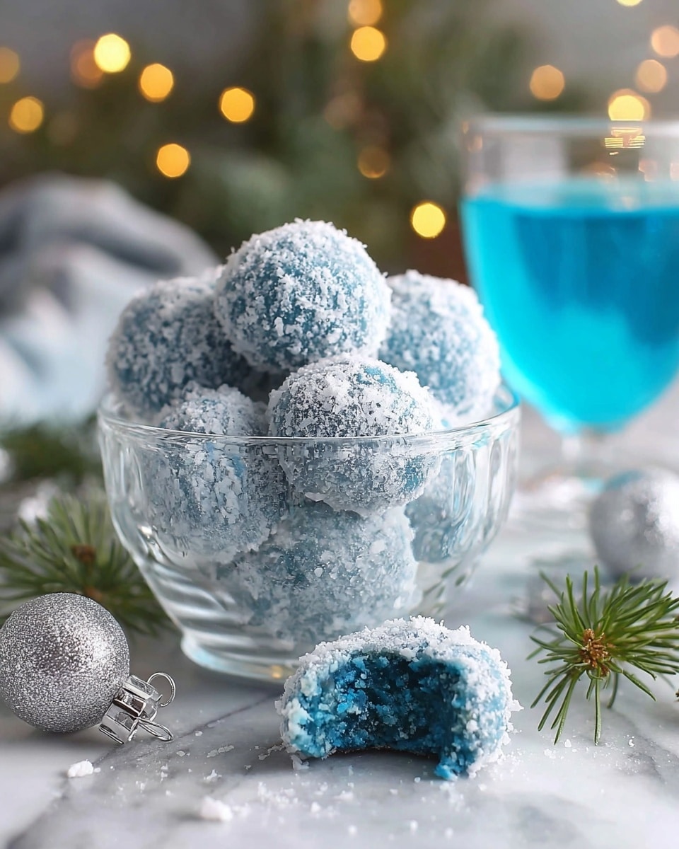 A clear glass bowl holds a stack of round blue truffles coated in white sugar crystals, giving them a frosty look. In front of the bowl, two truffles sit on a white marbled surface, one whole and the other with a bite taken out, showing a soft and crumbly blue inside. Small green pine branches and silver Christmas ornaments decorate the scene, with soft warm lights blurred in the background. A clear glass filled with bright blue liquid is visible on the right side. Photo taken with an iphone --ar 4:5 --v 7