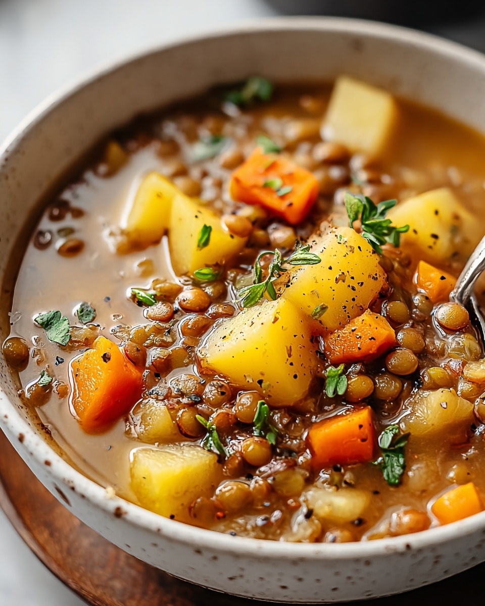 A close-up view of a bowl filled with thick lentil soup, featuring visible layers of small brown lentils, soft cubed yellow potatoes, and chunky orange carrot pieces. The soup has a light brown broth with a slightly oily surface, dotted with black pepper and sprigs of fresh green herbs scattered throughout. The white-speckled bowl rests on a wooden surface, but the background is converted to a white marbled texture, emphasizing the warm colors and textures of the soup. photo taken with an iphone --ar 4:5 --v 7