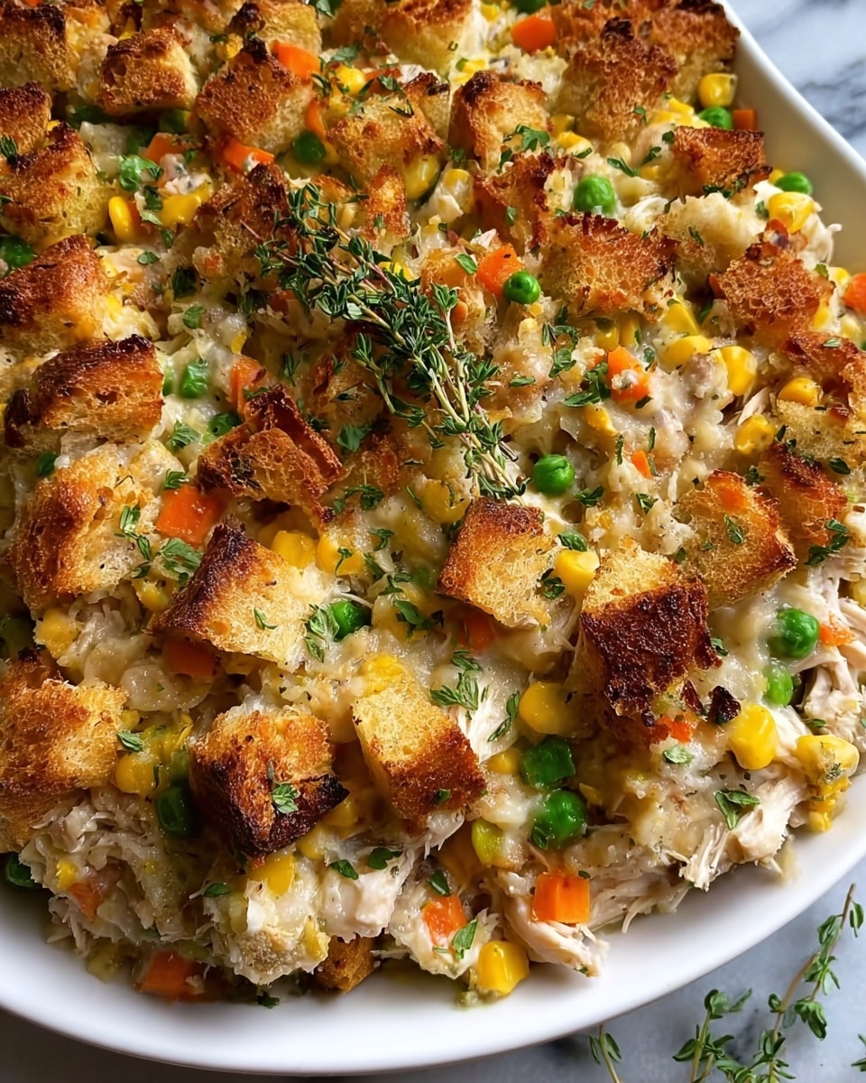 A close-up view of a baked casserole dish on a white plate set on a white marbled surface, showing three visible layers: the top layer is golden brown toasted bread cubes with a crispy texture, the middle layer contains mixed vegetables such as bright yellow corn, green peas, and orange carrots, and the bottom layer features shredded white chicken mixed in a creamy sauce. The casserole is garnished with small pieces of chopped green herbs and a fresh thyme sprig placed in the center, adding a fresh touch to the rustic, home-cooked dish. photo taken with an iphone --ar 4:5 --v 7