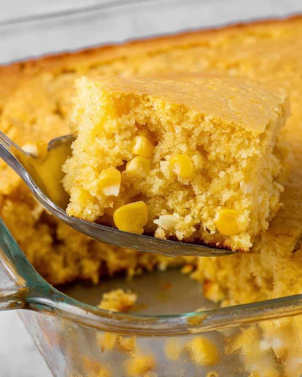 The image shows a close-up of a thick slice of golden yellow cornbread with corn kernels inside. The cornbread has a rough, crumbly texture on the top and sides, with visible corn pieces throughout the soft interior. The slice is being lifted with a large silver spoon from a clear glass baking dish, which holds the remaining cornbread around it. The white marbled surface is barely visible in the background. photo taken with an iphone --ar 4:5 --v 7