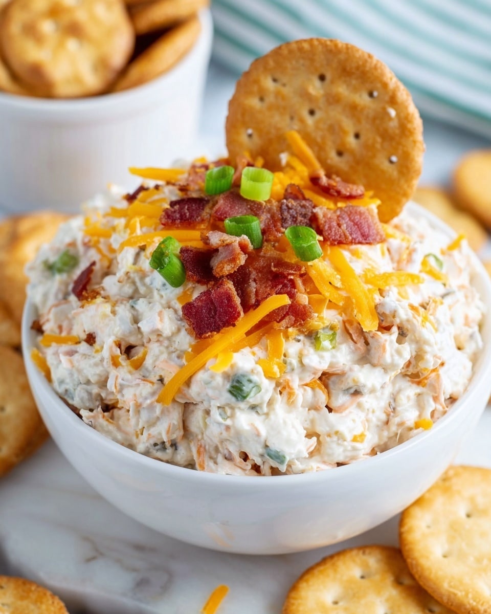 A white bowl filled with a creamy, chunky dip made of a mix of white and light orange ingredients, showing small green pieces inside. The dip is topped with shredded bright orange cheddar cheese and small pieces of crispy reddish-brown bacon, along with a few green onion slices. A round, golden brown cracker is placed standing up in the dip, with more crackers visible inside another white bowl and scattered around on a white marbled surface. photo taken with an iphone --ar 4:5 --v 7