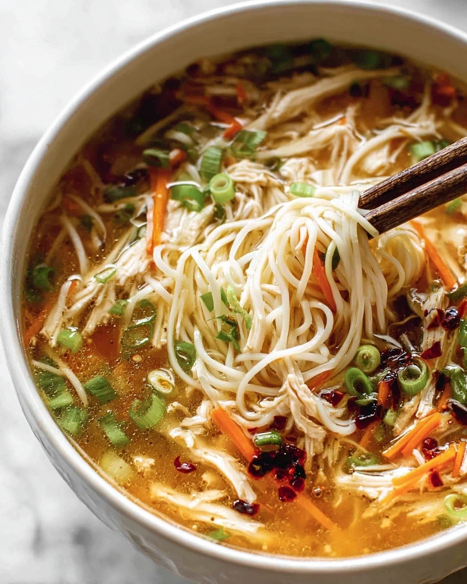 A close-up view of a bowl filled with hot noodle soup on a white marbled surface. The soup has thin, white noodles forming a tangled layer in the center, with some lifted by chopsticks showing their soft texture. Around the noodles are slices of green onion, shredded light brown chicken, thin orange carrot strips, and small dark red chili flakes floating in a clear broth that has a warm orange tint. The bowl is white and round, with the broth and ingredients filling it almost to the top, creating a rich and inviting look. Photo taken with an iphone --ar 4:5 --v 7