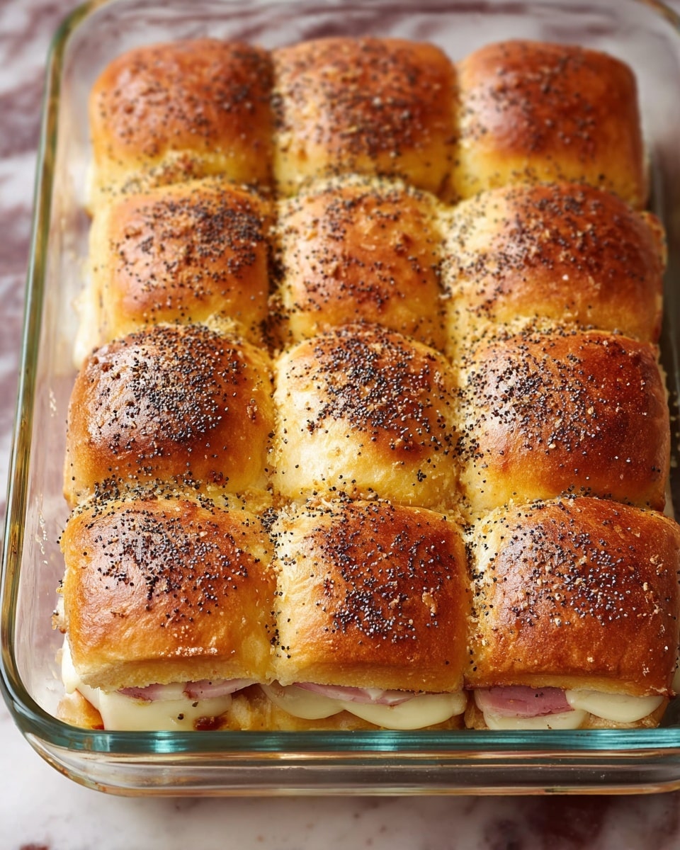 This image shows a glass baking dish filled with twelve soft, golden-brown sandwich sliders arranged in three rows of four. Each slider has a shiny top sprinkled with black poppy seeds, featuring a smooth, slightly cracked texture. The sliders are filled with a visible layer of melted white cheese and a pink layer of ham beneath the bread. The dish sits on a white marbled surface, and the soft buns are closely packed, showing the melted cheese oozing slightly between the layers. photo taken with an iphone --ar 4:5 --v 7