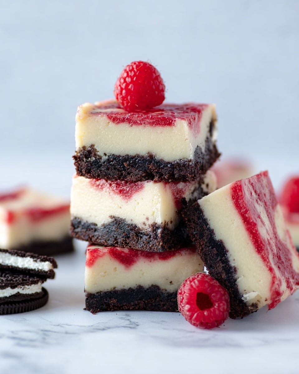 The image shows two square pieces of dessert stacked on a white marbled surface, each piece having three layers: a dark, crumbly black base, a thick creamy white middle layer, and a thin swirled red topping. Each piece is topped with a bright red raspberry, and a few more raspberries are scattered around on the white marbled surface. The layers create a strong contrast with the deep black, soft white, and vibrant red colors. photo taken with an iphone --ar 4:5 --v 7