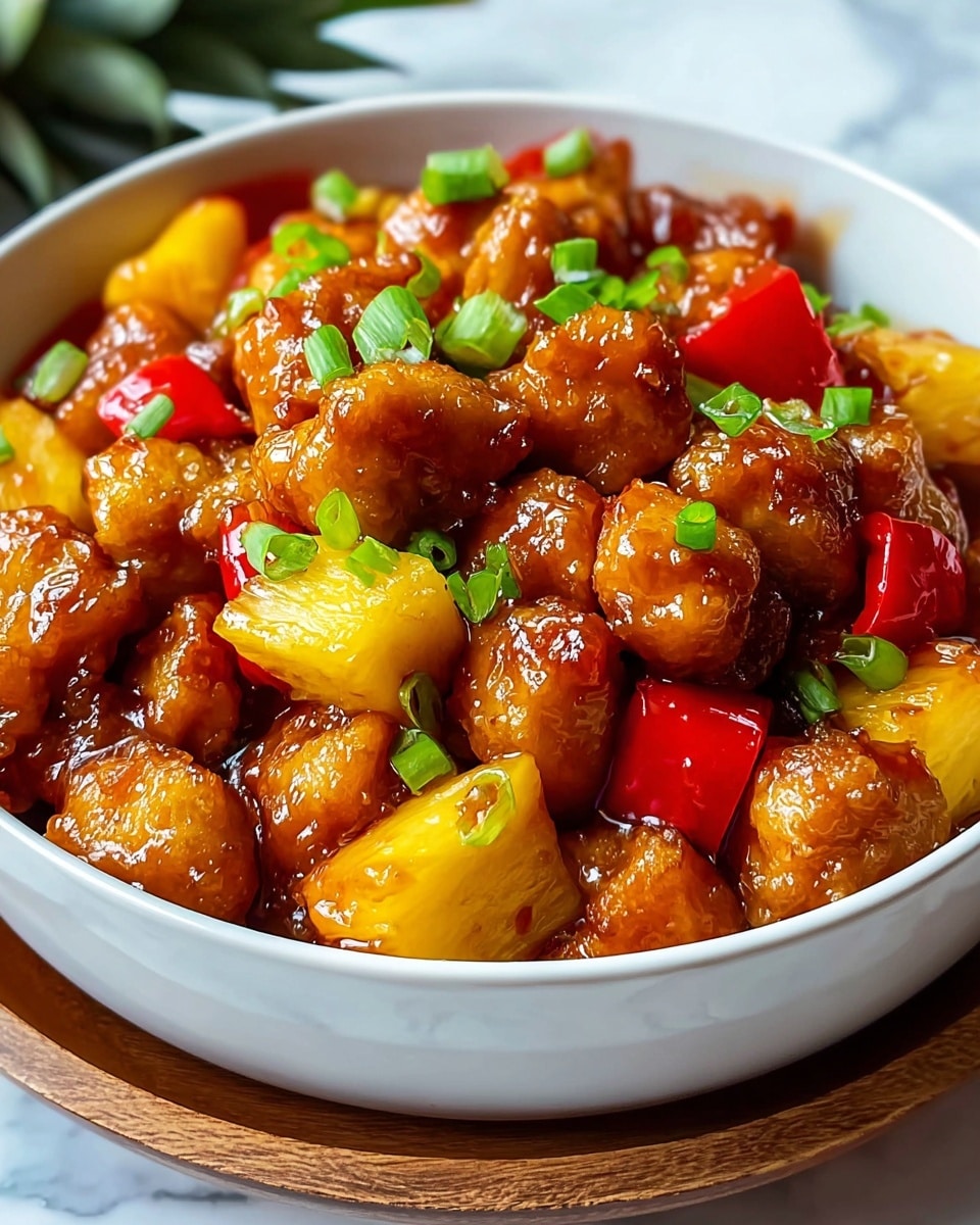 A white bowl filled with a sweet and sour dish showing three layers of chunks: golden brown fried chicken pieces with a crispy texture, bright yellow pineapple chunks with a juicy shine, and red bell pepper squares, all mixed in a glossy brown sauce. Scattered on top are small, fresh green onion pieces adding a splash of color. The bowl sits on a wooden base on a white marbled surface. photo taken with an iphone --ar 4:5 --v 7