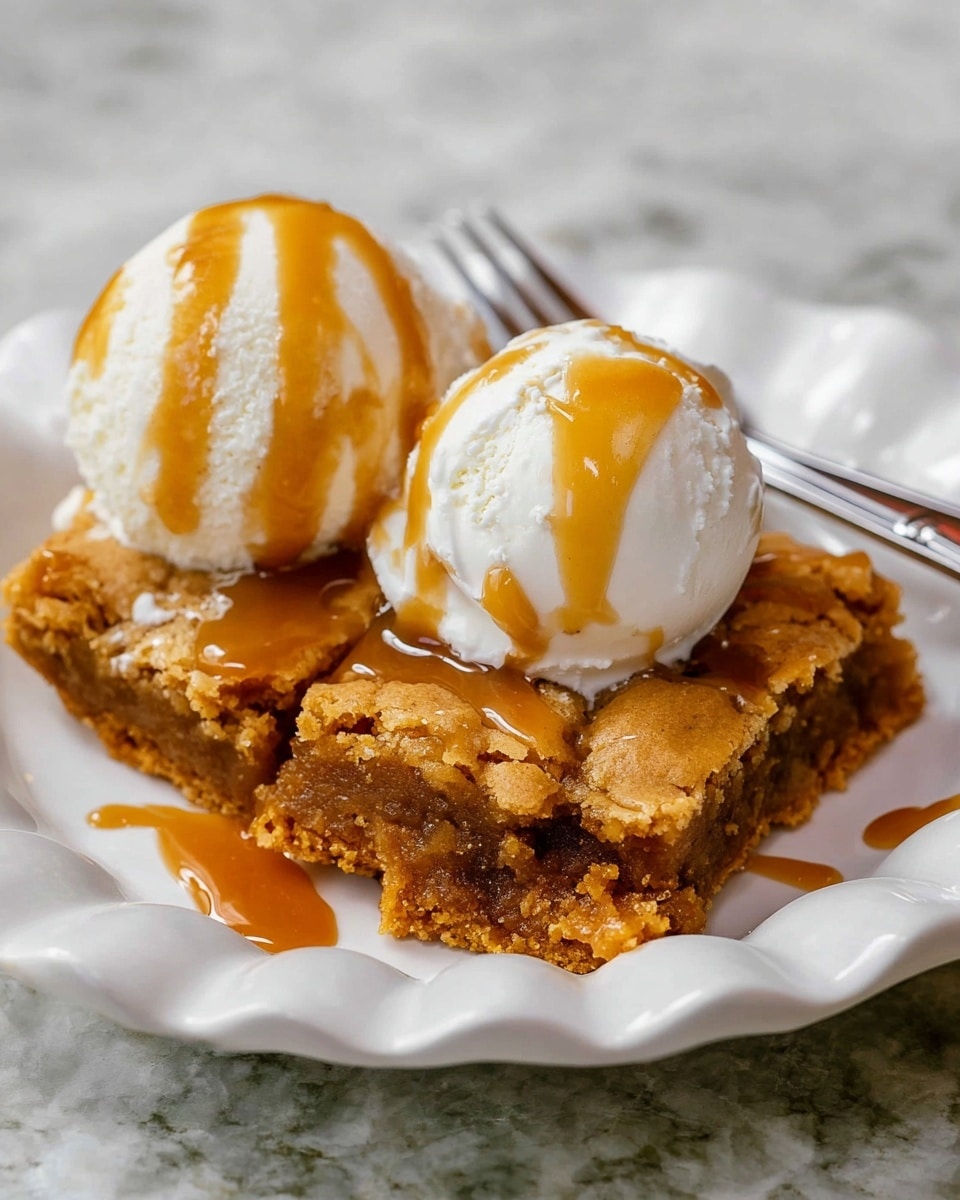 A white scalloped plate holds a dessert with two main layers and a topping. The bottom layer is a thick, golden brown cookie bar with a crumbly and slightly cracked surface, showing a soft, gooey inside. On top of the cookie bar, there are two round scoops of white ice cream, smooth and creamy in texture. Both scoops are drizzled generously with shiny, amber-colored caramel sauce, which also runs slightly down onto the cookie bar. In the background, a silver fork rests diagonally on the plate against a white marbled texture surface. photo taken with an iphone --ar 4:5 --v 7