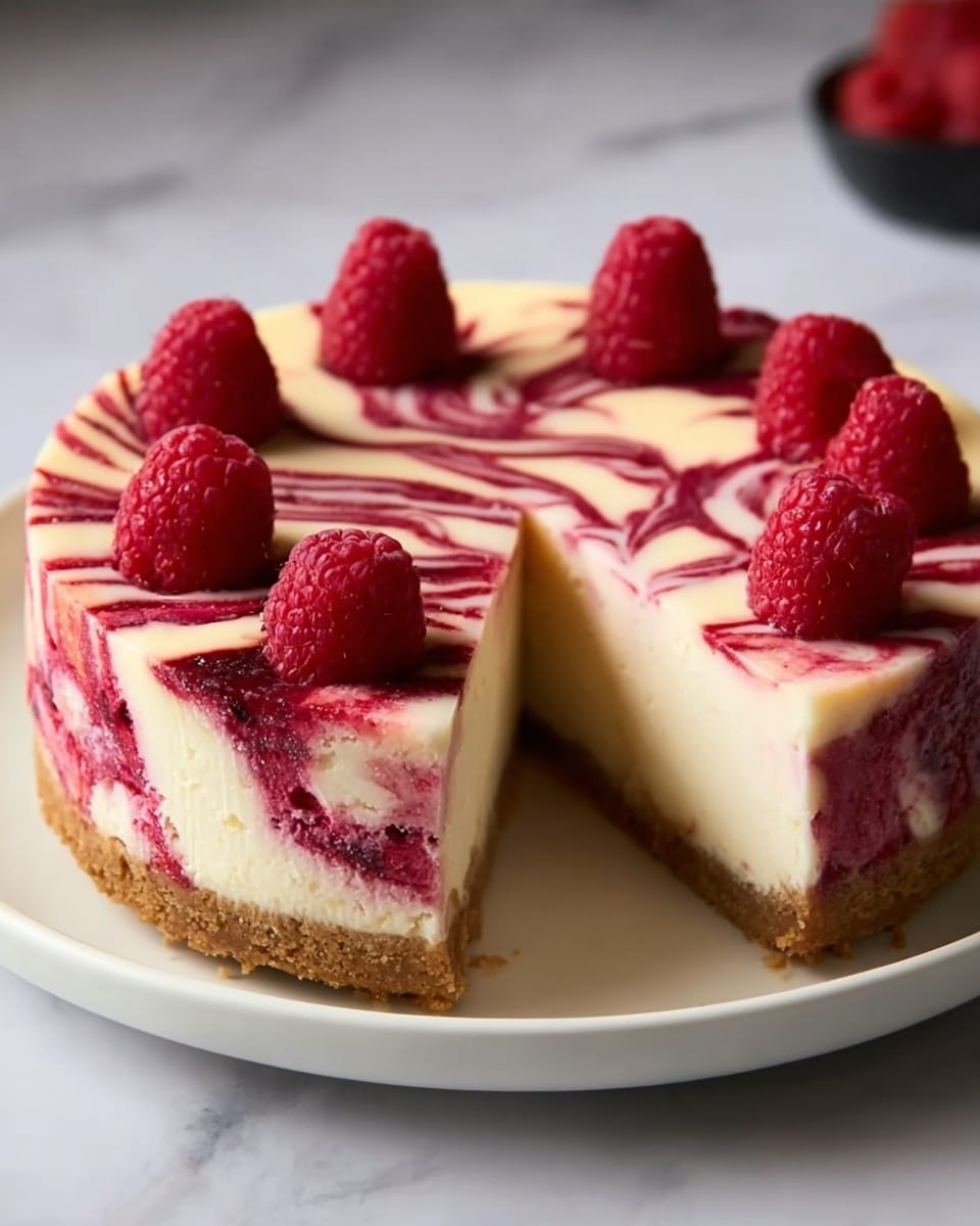 A round cheesecake is shown with three visible layers: the bottom layer is a thick, golden-brown crumbly crust, the middle layer is creamy white filling, and the top layer has a mix of creamy white with dark red swirl patterns throughout, giving a marbled effect. The cheesecake is sliced into pieces, with one slice slightly pulled out to show the inside swirl pattern. On top of the cake, there are five whole red raspberries evenly spaced around the edge. The cake sits on a white plate, and the background shows a blurred bowl of raspberries on a white marbled surface. The lighting highlights the smooth texture of the cheesecake and the freshness of the raspberries. photo taken with an iphone --ar 4:5 --v 7