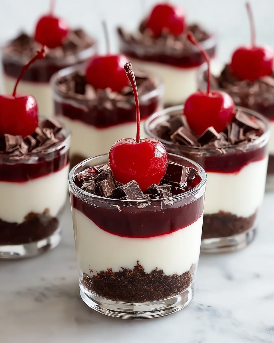 This image shows several clear cups filled with a three-layer dessert placed on a white marbled surface. The bottom layer is a thick, dark brown crumbly base, topped by a bright red cherry syrup layer which has uneven edges blending upward. Above this is a smooth, creamy white layer that fills most of the cup, and on top of it are small chunks of dark chocolate scattered evenly. Each cup is crowned with a shiny, red cherry with its stem standing upright in the center. Photo taken with an iphone --ar 4:5 --v 7