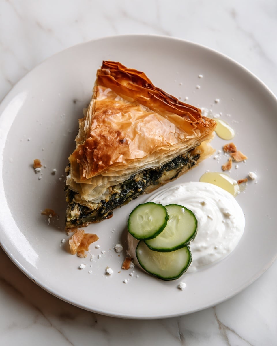 A single slice of golden-brown spinach and cheese pastry sits on a white plate. The pastry has multiple flaky layers with a slightly shiny top crust. Inside, the filling shows a mix of dark green spinach and white cheese tightly packed. Next to the pastry slice is a dollop of creamy white yogurt or sauce, topped with a thin, round slice of fresh cucumber. Small droplets of oil and a few crumbs are scattered near the pastry on the plate, which is placed on a white marbled surface. Photo taken with an iphone --ar 4:5 --v 7