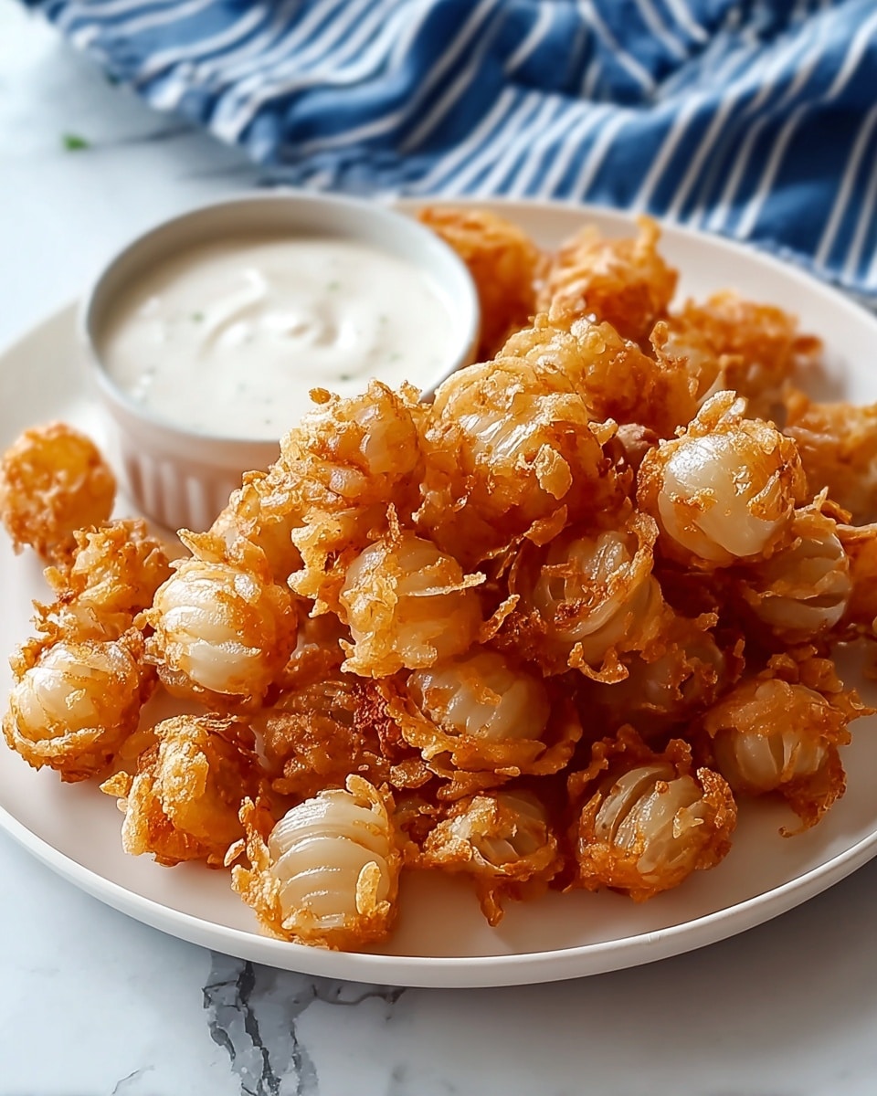 A white plate holds a mound of small, golden-brown fried onion bulbs with a light crispy texture, each piece showing delicate ridges and slight puffiness. Next to the pile is a small white bowl filled with a smooth, creamy white dipping sauce. The background includes a blue cloth with white stripes, all placed on a white marbled surface. photo taken with an iphone --ar 4:5 --v 7