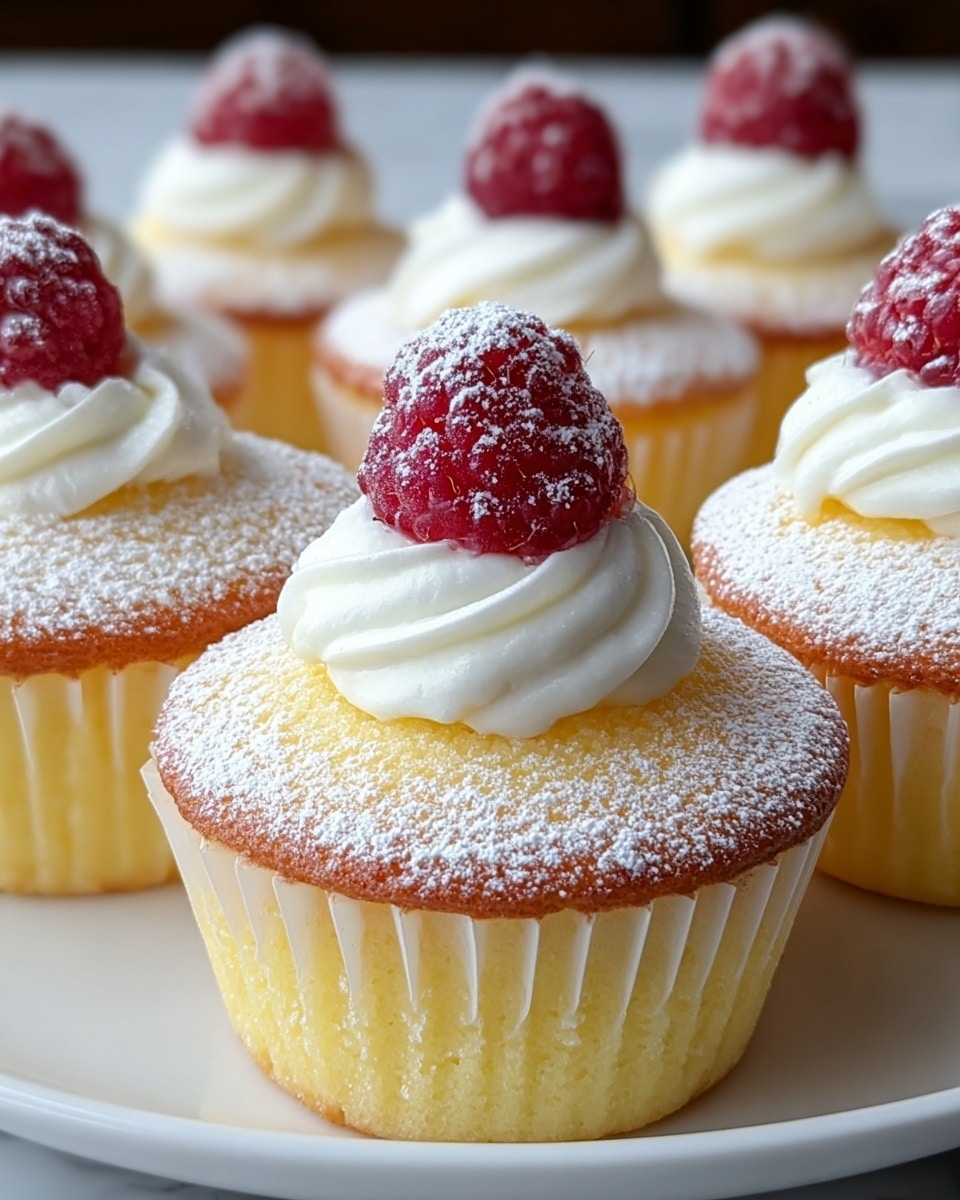 The image shows several soft cupcakes with a light yellow base and a fluffy, golden brown top, each sitting in white paper liners. On top of each cupcake is a small swirl of white cream, crowned with a fresh, bright red raspberry, and the cream is dusted lightly with white powdered sugar that covers the surface of the cupcakes. They are arranged closely together on a white plate, all set against a white marbled surface. The photo is taken with an iphone --ar 4:5 --v 7