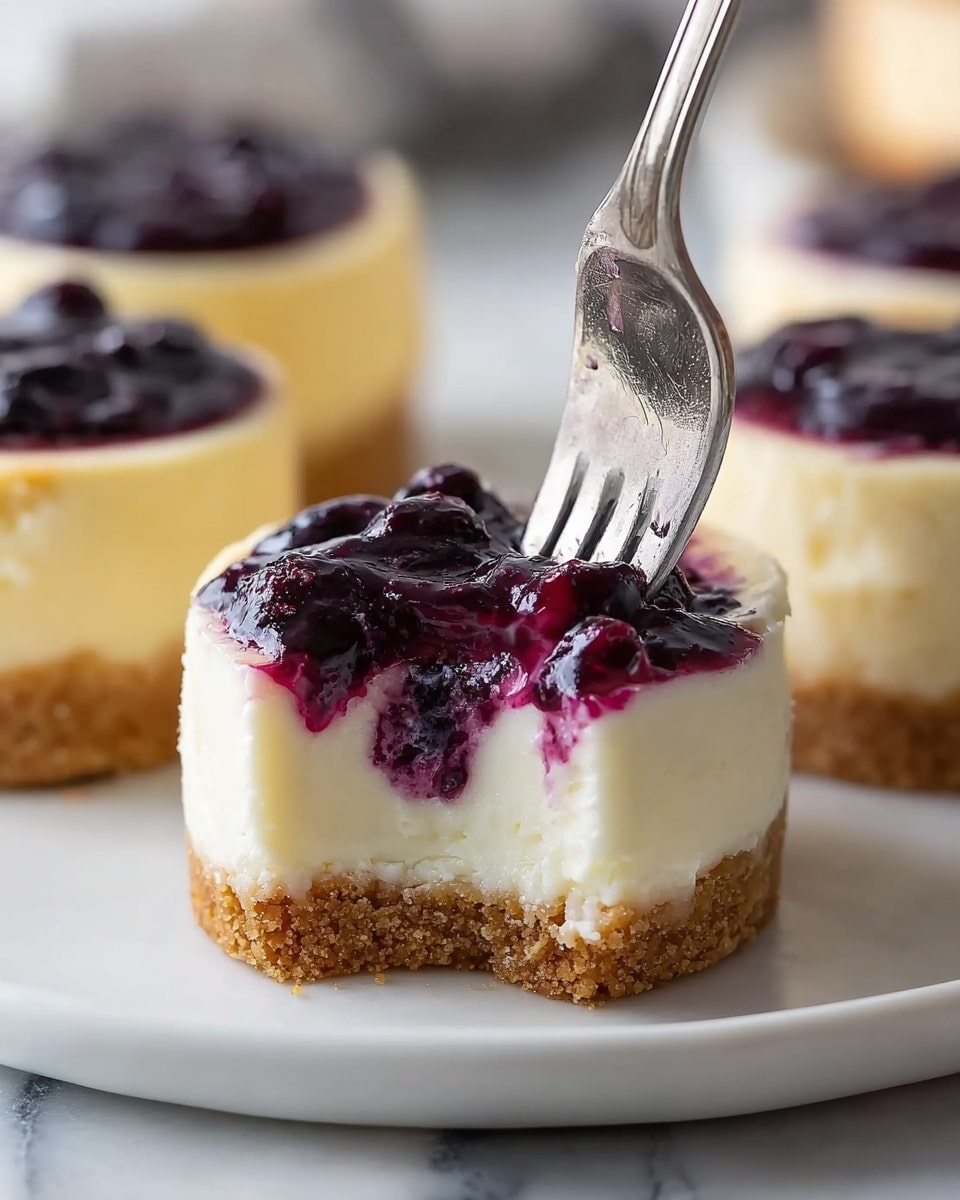 A small round cheesecake sits on a white plate with a white marbled texture under it, showing three visible layers: a crumbly brown cookie crust at the bottom, a thick creamy white cheesecake layer in the middle, and a glossy deep purple blueberry topping swirled at the top. A silver fork is pressing into the cheesecake’s soft white middle, slightly breaking the blueberry layer, highlighting the smooth and creamy texture of the dessert. The background is softly blurred, with hints of more cheesecakes nearby. photo taken with an iphone --ar 4:5 --v 7