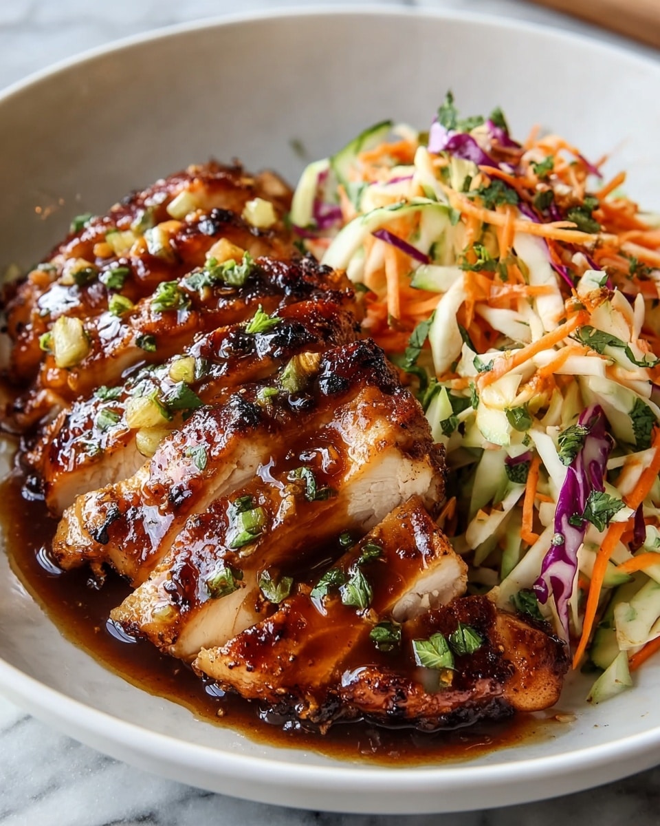 A white bowl holds a dish with two main layers: on the left side, there are thick slices of grilled chicken with a shiny, dark brown glaze that looks sticky and flavorful, topped with small pieces of green herbs. On the right side of the bowl, there is a colorful mix of shredded vegetables including orange carrots, green cucumbers, purple cabbage, and white cabbage, all lightly mixed together with some green herbs scattered on top. The glossy sauce from the chicken drips slightly onto the white bowl surface, which sits on a white marbled texture. photo taken with an iphone --ar 4:5 --v 7