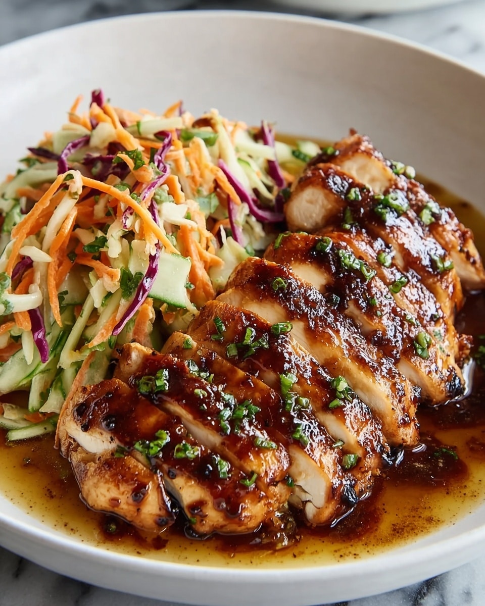 A white bowl holds a dish with two main layers. The first layer is grilled chicken breast, sliced into thick pieces with a shiny, dark brown, caramelized glaze on top, sprinkled with small green herb bits. The second layer, next to the chicken, is a colorful slaw made of shredded orange carrots, light green cucumbers, and purple cabbage mixed with light herbs. The chicken and slaw sit on a white marbled surface, with sauce lightly spread around the chicken. photo taken with an iphone --ar 4:5 --v 7