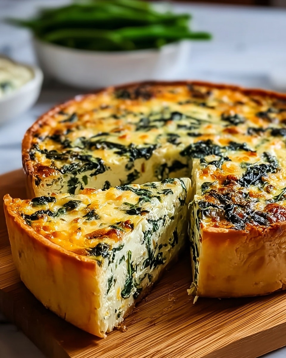 The image shows a thick spinach quiche with a golden-brown, slightly crispy top filled with vibrant green spinach pieces spread evenly in the creamy light yellow egg mixture. The quiche has three visible layers: a light brown flaky crust forming the base and sides, a thick creamy filling with specks of spinach throughout, and a browned, slightly glossy top layer with some spinach pieces peeking through. A wedge is cut out, showing the soft, dense inside with a clear contrast between the crust and the creamy spinach filling. The quiche sits on a wooden board, with a white marbled surface underneath and blurred white plates and a white pot with green plants in the background. photo taken with an iphone --ar 4:5 --v 7