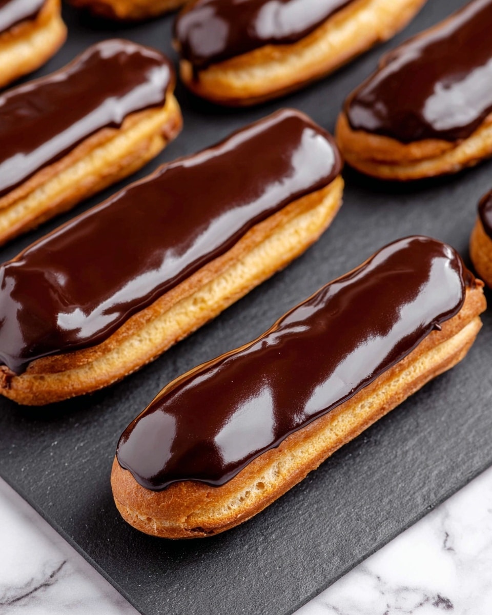 A stack of six eclairs sits on a white plate, each eclair showing a shiny dark chocolate glaze on top with a smooth texture, covering a golden-brown choux pastry base that looks light and airy. One eclair on top is cut in half, revealing a creamy white custard filling inside that looks smooth and soft. The eclairs are arranged unevenly, with some leaning against each other, all placed on a white marbled surface. Photo taken with an iphone --ar 4:5 --v 7