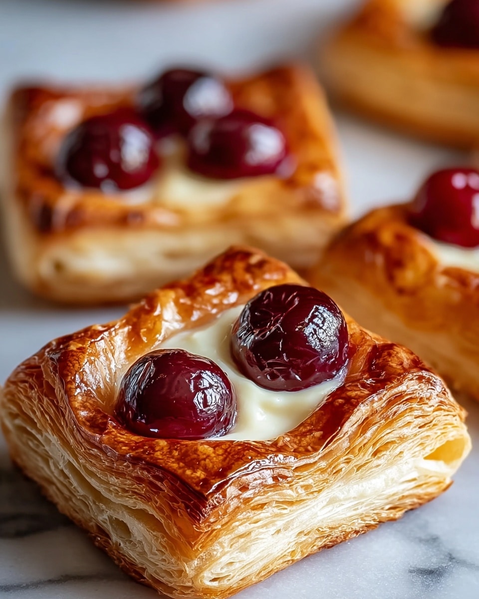 A close-up of a square pastry with four shiny, deep red cherry halves placed evenly on top, each sitting in a creamy white filling. The pastry is golden brown with many visible flaky layers stacked thickly at the base and sides, giving it a puffed, soft texture. The surface beneath the pastries has a white marbled texture. In the background, several similar pastries blur softly, all showing the same color contrast and texture. photo taken with an iphone --ar 4:5 --v 7
