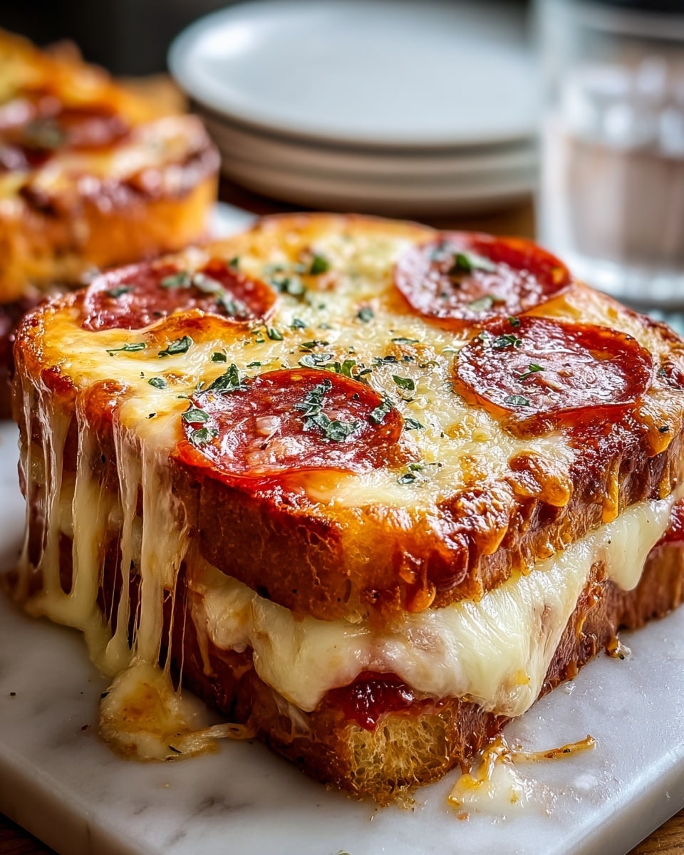 A close-up of a rectangular pizza sandwich on a white marbled surface, showing two thick layers of golden toasted bread with a slightly crispy edge. The bottom bread layer is topped with melty, stretchy white cheese and several slices of round, glossy pepperoni peeking out. The top bread layer is covered in a rich, bubbling layer of melted cheese sprinkled with small green herbs and some browned spots. The sandwich’s melted cheese drips down the sides, highlighting its gooey texture. The background is softly blurred, with white plates and a glass of water, emphasizing the sandwich. photo taken with an iphone --ar 4:5 --v 7