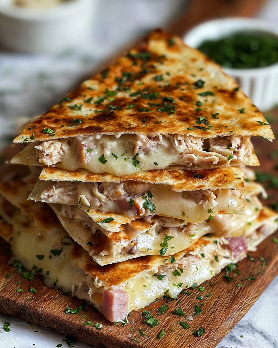 A stack of three grilled quesadilla pieces placed on a wooden board, each piece showing golden brown crispy tortillas with scattered green herb flakes on top. The quesadilla layers reveal melted gooey cheese, bits of shredded chicken, and small chunks of cooked ham, all slightly oozing out between the tortilla layers. The surface beneath the board is a white marbled texture with part of a white bowl in the blurred background. photo taken with an iphone --ar 4:5 --v 7