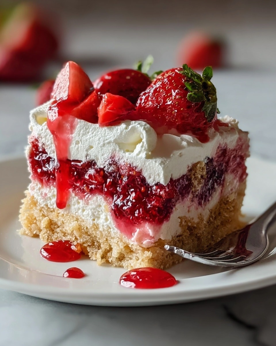 A piece of strawberry dessert with three clear layers sits on a white plate over a white marbled texture. The base layer is crumbly and light beige, looking like a soft biscuit or cake. The middle layer is a bright, chunky red strawberry filling with visible fruit pieces, thick and juicy. The top layer is fluffy and white whipped cream, thickly spread with smooth texture. On top of the cream, there are whole, fresh strawberries and dollops of glossy red strawberry syrup. A silver fork is next to the dessert, with a drop of syrup on the plate. Photo taken with an iphone --ar 4:5 --v 7