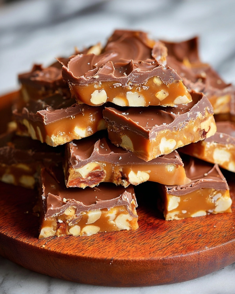 The image shows several pieces of brittle candy scattered on a white marbled surface. Each brittle piece has two layers: a smooth, shiny top layer of milk chocolate with faint swirl marks and small cracks, and a bottom layer filled with chopped nuts and caramelized sugar that adds a rough, crunchy texture in light golden brown and beige tones. The pieces are irregularly shaped, with sharp edges and some small crumbs around them. Photo taken with an iphone --ar 4:5 --v 7