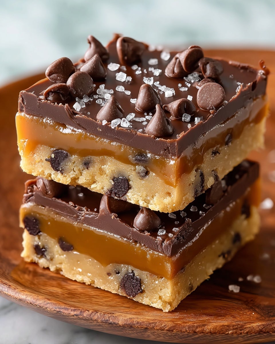 The image shows two square dessert bars stacked on top of each other on a wooden plate. Each bar has three visible layers: the bottom layer is a light golden cookie dough with small dark chocolate chips scattered inside, the middle layer is a smooth, glossy caramel in a rich amber color, and the top layer is a thick, shiny dark chocolate ganache decorated with chocolate chips and sprinkled with coarse sea salt. The bars have clean, sharp edges and the textures contrast between soft cookie, gooey caramel, and creamy chocolate. The background is a white marbled texture. photo taken with an iphone --ar 4:5 --v 7