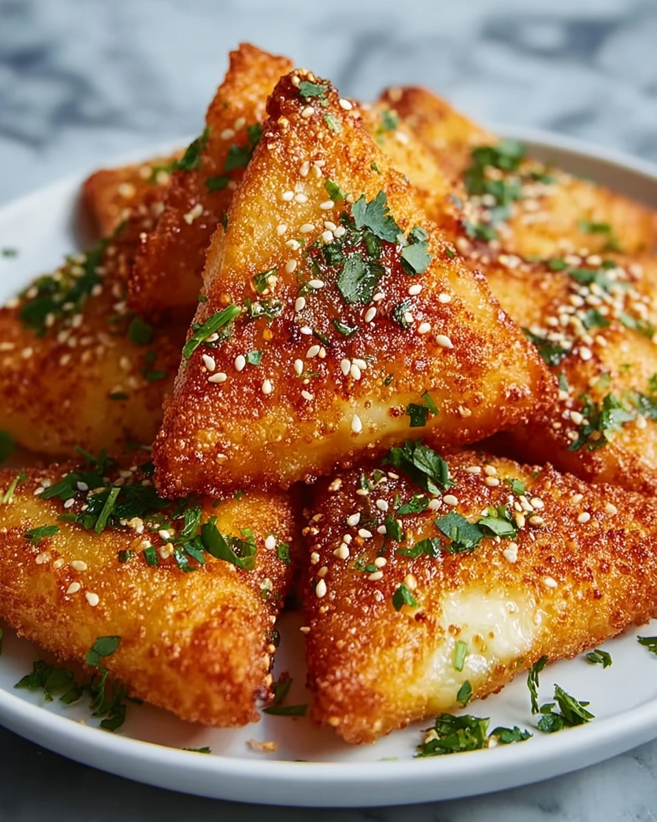 Several golden brown triangular pieces of crispy fried food are piled on a white plate. Each triangle has a crunchy outer layer with a sprinkling of toasted sesame seeds and small green herb pieces, likely cilantro, scattered on top and around them. The surface texture shows a mix of crispy and slightly oily areas with some green bits visible inside the pieces. The plate rests on a white marbled surface. photo taken with an iphone --ar 4:5 --v 7