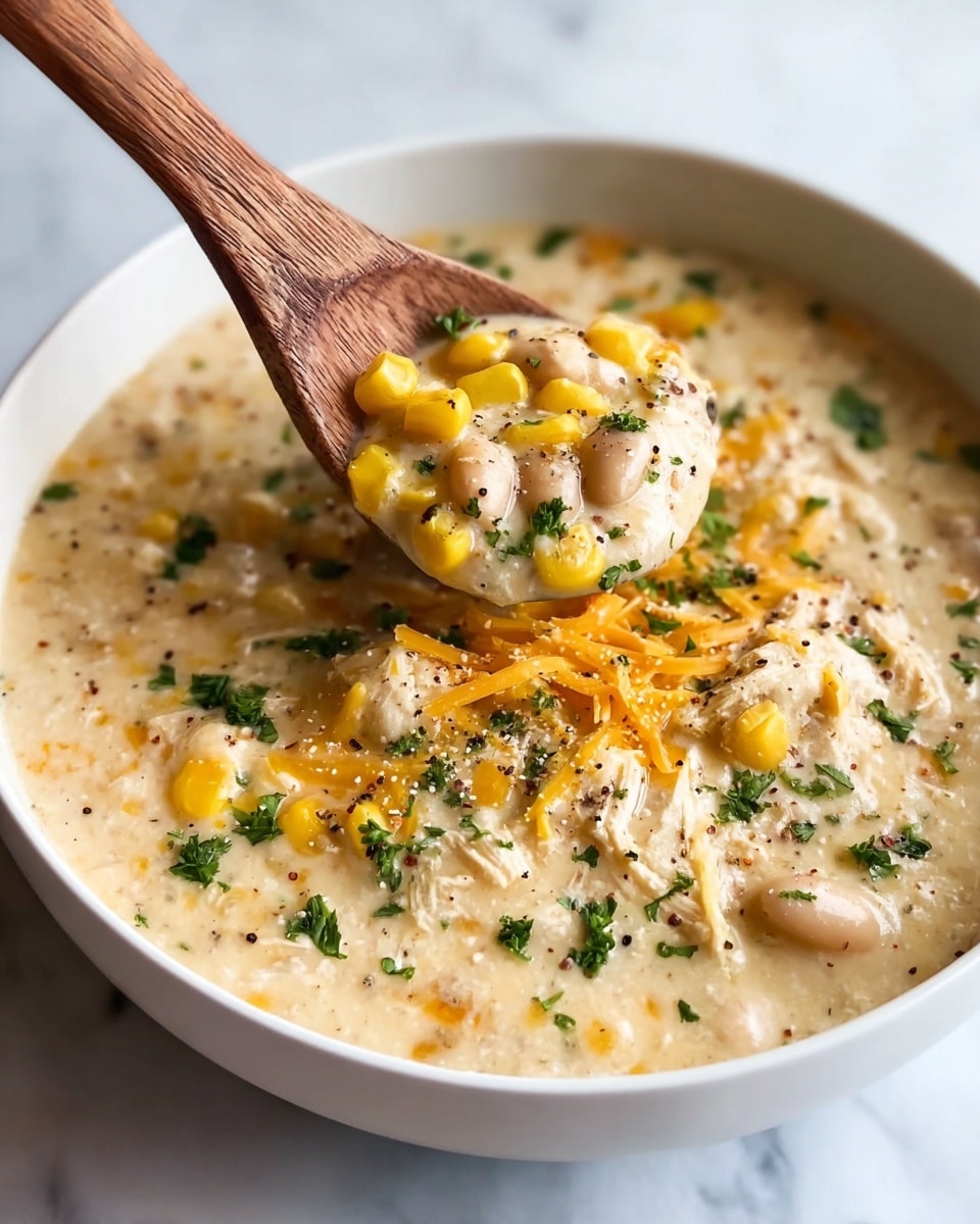 A white bowl filled with creamy corn chowder showing a thick light beige soup base with visible corn kernels, shredded orange cheese, chunks of white beans, and bits of chicken mixed in. The top is sprinkled with fresh green parsley and cracked black pepper for color contrast. A wooden spoon lifting some chowder above the bowl highlights the chunky texture with yellow corn and melted shredded cheese on top. The bowl sits on a white marbled surface. photo taken with an iphone --ar 4:5 --v 7