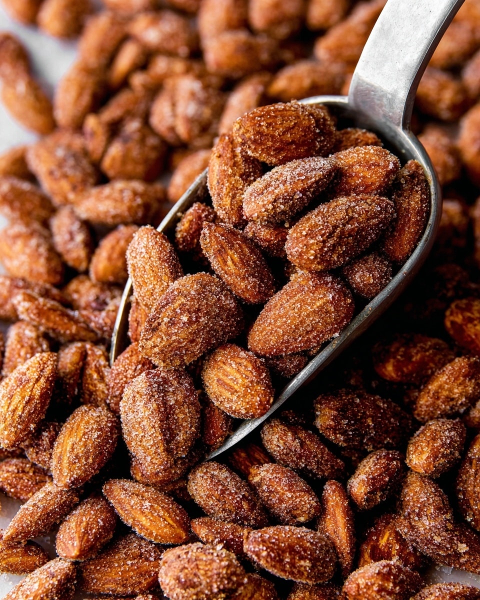 A close-up image showing many roasted almonds covered in a coarse cinnamon sugar coating, giving them a rough textured surface in various shades of brown. The almonds are piled together filling the frame, with a metal scoop slightly tilted, holding a heap of these coated almonds towards the center. The overall background has a white marbled texture that contrasts with the warm browns of the almonds. Photo taken with an iphone --ar 4:5 --v 7