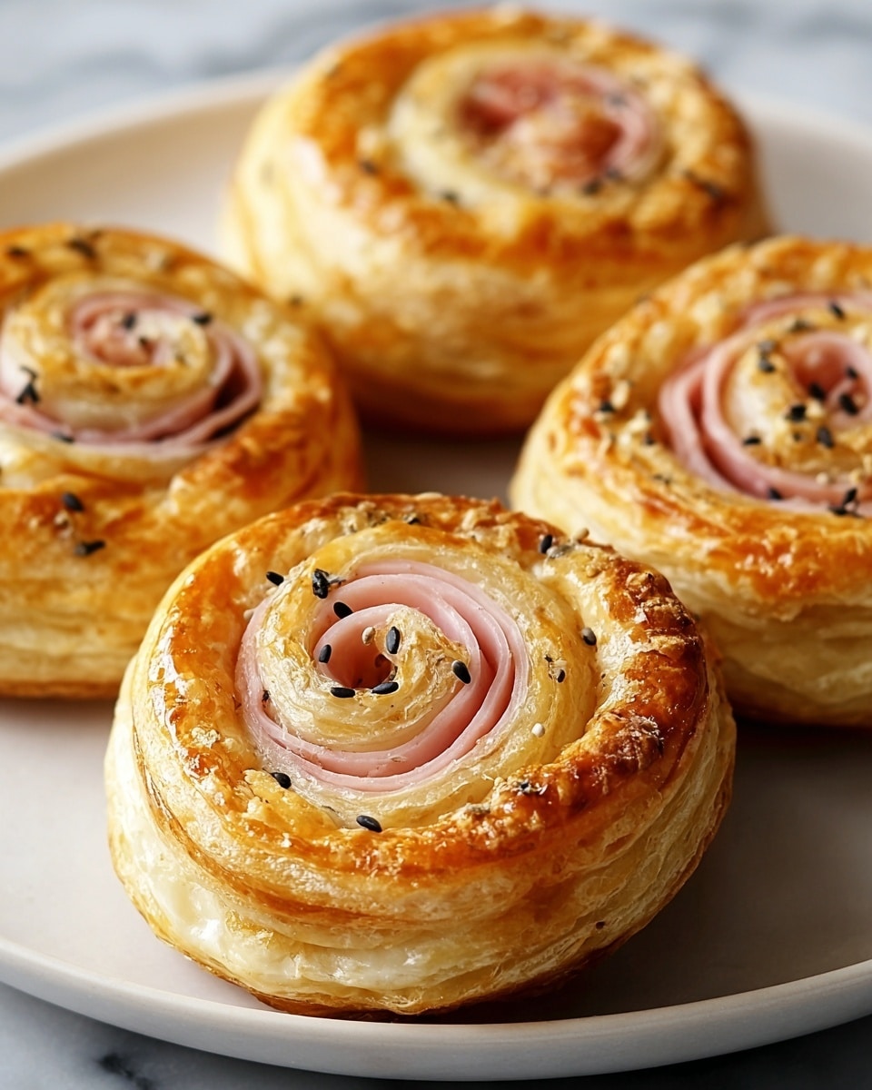 A close-up of four round puff pastry rolls arranged on a white plate, sitting on a white marbled surface. Each roll is golden brown and crispy, showing visible flaky layers of pastry dough that form a spiral shape. In the center of each roll, there are thin slices of pink ham neatly rolled in multiple layers, with small black sesame seeds sprinkled on top. The pastry edges are slightly raised and puffed, creating texture contrast with the smooth ham inside. The overall look is warm, fresh, and inviting, with a focus on the detailed layering and golden color of the baked pastries. Photo taken with an iphone --ar 4:5 --v 7