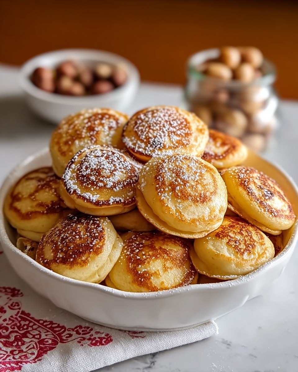A white round dish filled with about fifteen small, round, golden-brown pancakes stacked and touching each other, each pancake has a slightly glossy surface with darker brown spots showing a cooked texture, lightly sprinkled with powdered sugar on top. The dish is placed on a white marbled surface with a small part of a white cloth with red patterns visible next to it. In the background, a blurry jar and a bowl of nuts add a warm, cozy feel. photo taken with an iphone --ar 4:5 --v 7