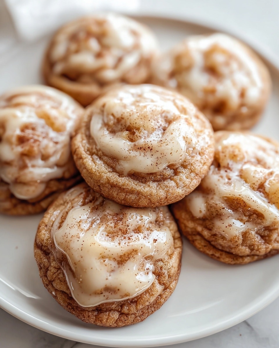 A close-up view of six soft, round cookies arranged on a white plate sitting on a white marbled texture. Each cookie has a light brown, slightly wrinkled base with swirls of creamy white icing and uneven patches of cinnamon spice scattered on top. The cookies appear slightly glossy, showing a glaze that catches light, with subtle textures of the dough and sprinkled spices visible. The cookies are placed overlapping each other in a casual, inviting way. Photo taken with an iphone --ar 4:5 --v 7