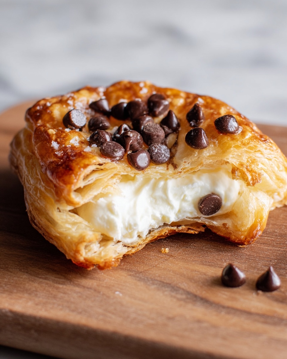 A close-up of a single pastry with a bite taken out of it, placed on a wooden board against a background of white marbled texture. The pastry has about three light golden-brown flaky layers that look crispy. The middle layer is filled with soft white creamy cheese, and the top is decorated with shiny dark brown chocolate chips scattered unevenly. The edges of the pastry are puffed and crisp, with a glossy finish. Photo taken with an iphone --ar 4:5 --v 7
