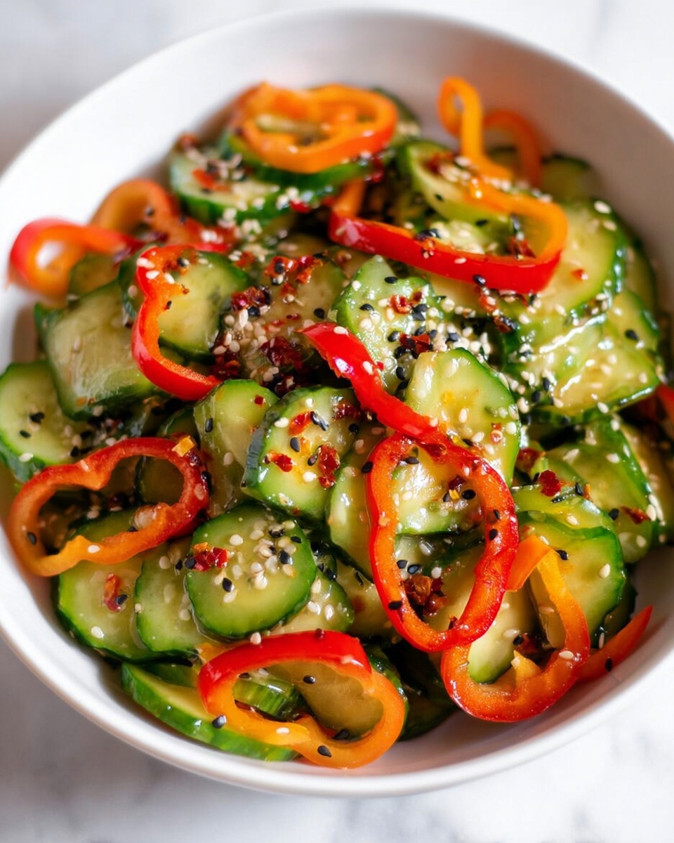 This image shows a white bowl filled with a fresh cucumber salad. The salad has several layers of thinly sliced green cucumbers mixed with bright red and orange bell pepper rings scattered throughout. On top of the vegetables, there are small black and white sesame seeds sprinkled evenly, along with some small pieces of chili flakes. The cucumbers have a moist, glossy texture, suggesting a light dressing. The bowl sits on a white marble surface, enhancing the fresh and colorful look of the dish. photo taken with an iphone --ar 4:5 --v 7