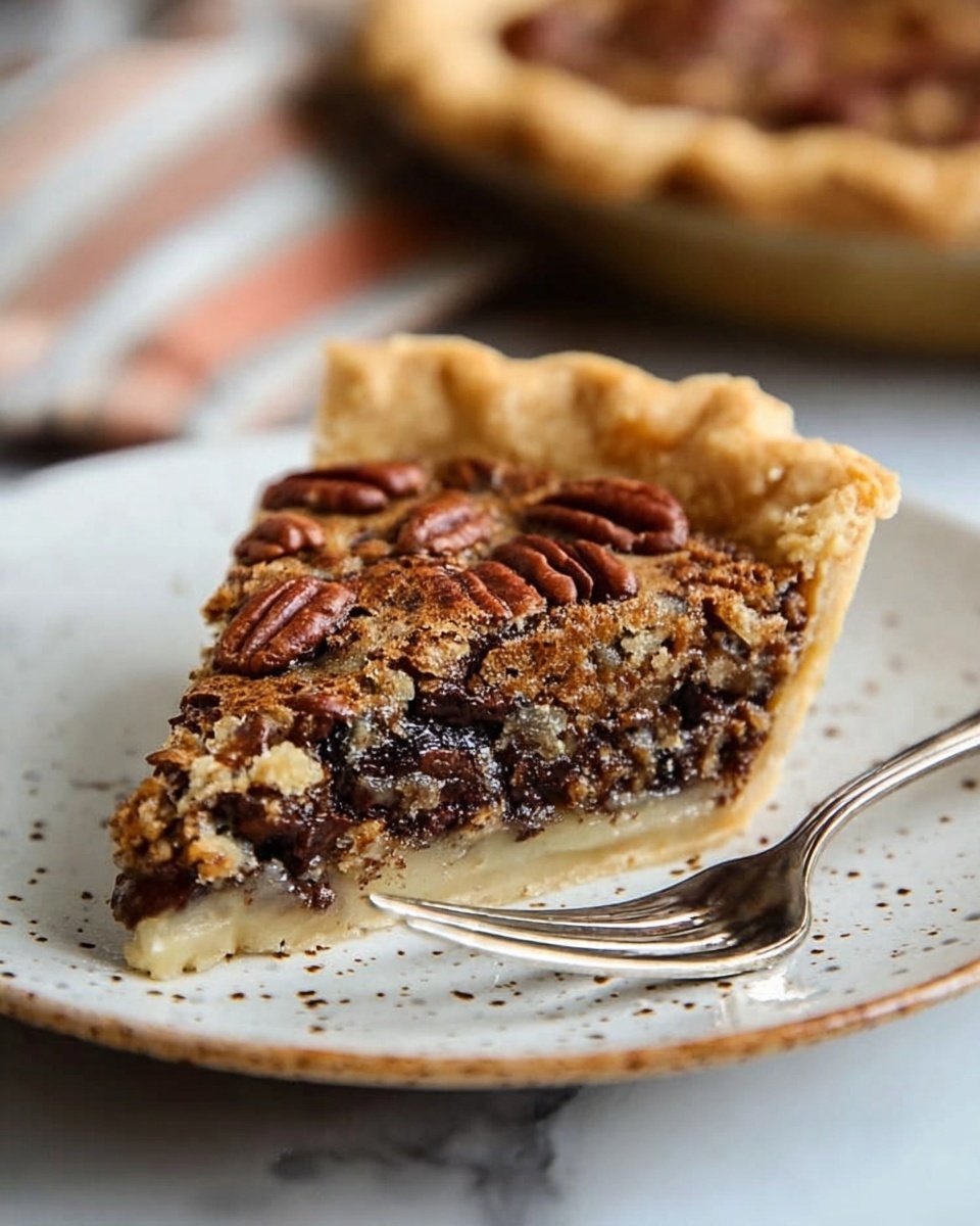 A slice of pecan pie is placed on a white plate with brown speckles, sitting on a white marbled surface. The pie slice shows three layers: the bottom crust is light golden and firm, the middle layer is a darker, gooey filling with melted chocolate bits mixed in, and the top layer is covered with whole, glossy pecans embedded in a crumbly, golden-brown topping. A silver fork lies next to the pie slice on the plate, angled slightly to the right. The background has a blurred pie and a striped cloth in soft colors. Photo taken with an iphone --ar 4:5 --v 7