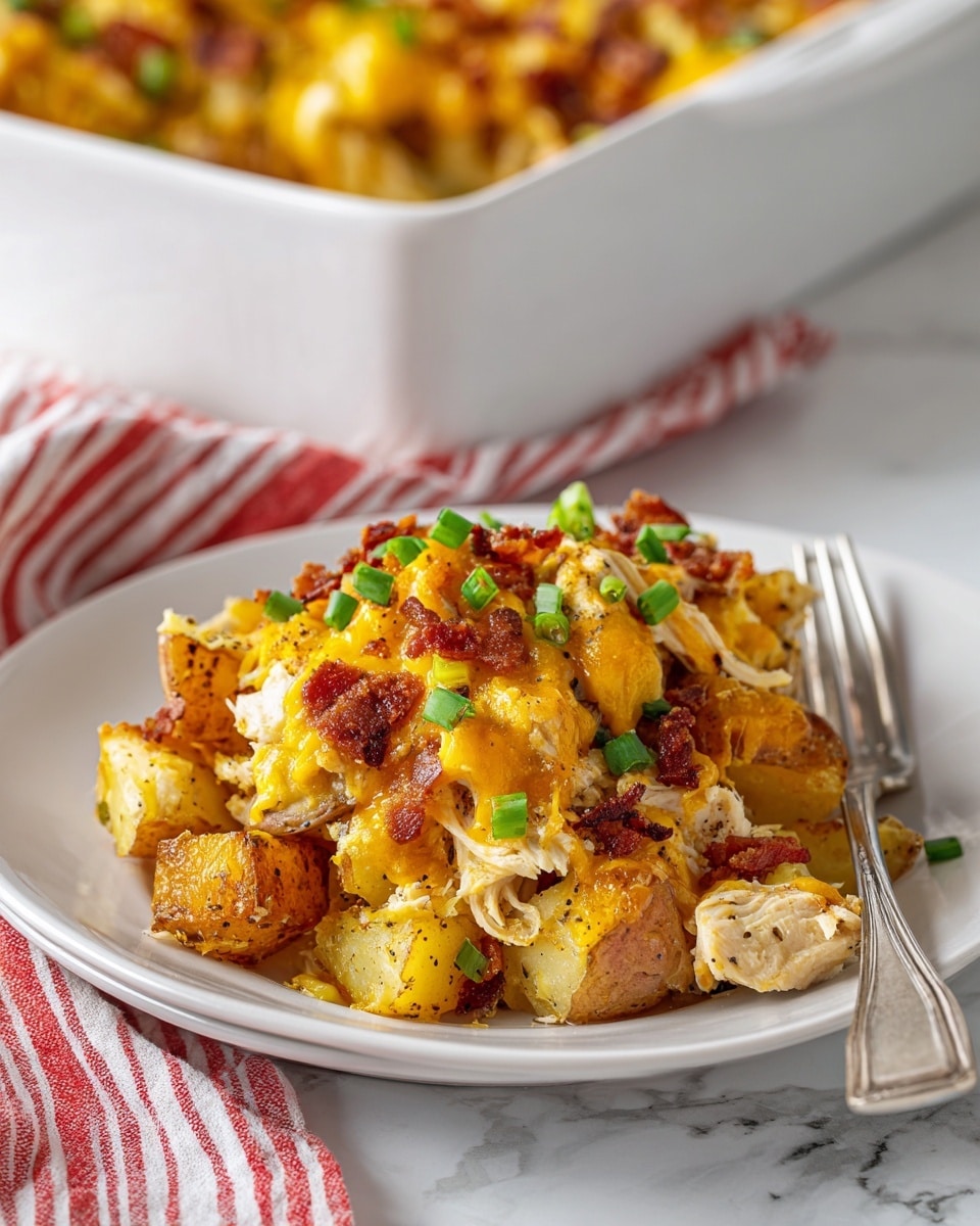 A white plate filled with a layered dish starting with a base of small, golden-brown roasted potato cubes mixed with chunks of light-colored cooked chicken. The second layer is melted shredded cheese with a mix of yellow and white colors spread unevenly over the top, followed by small bright green chopped scallions sprinkled on top. The dish has bits of crispy brown bacon pieces scattered throughout, creating a textured, hearty appearance. In the background, a white baking dish contains more of the same mixed dish, and a silver fork rests on the plate on a white marbled surface with a red and white striped cloth nearby. Photo taken with an iphone --ar 4:5 --v 7