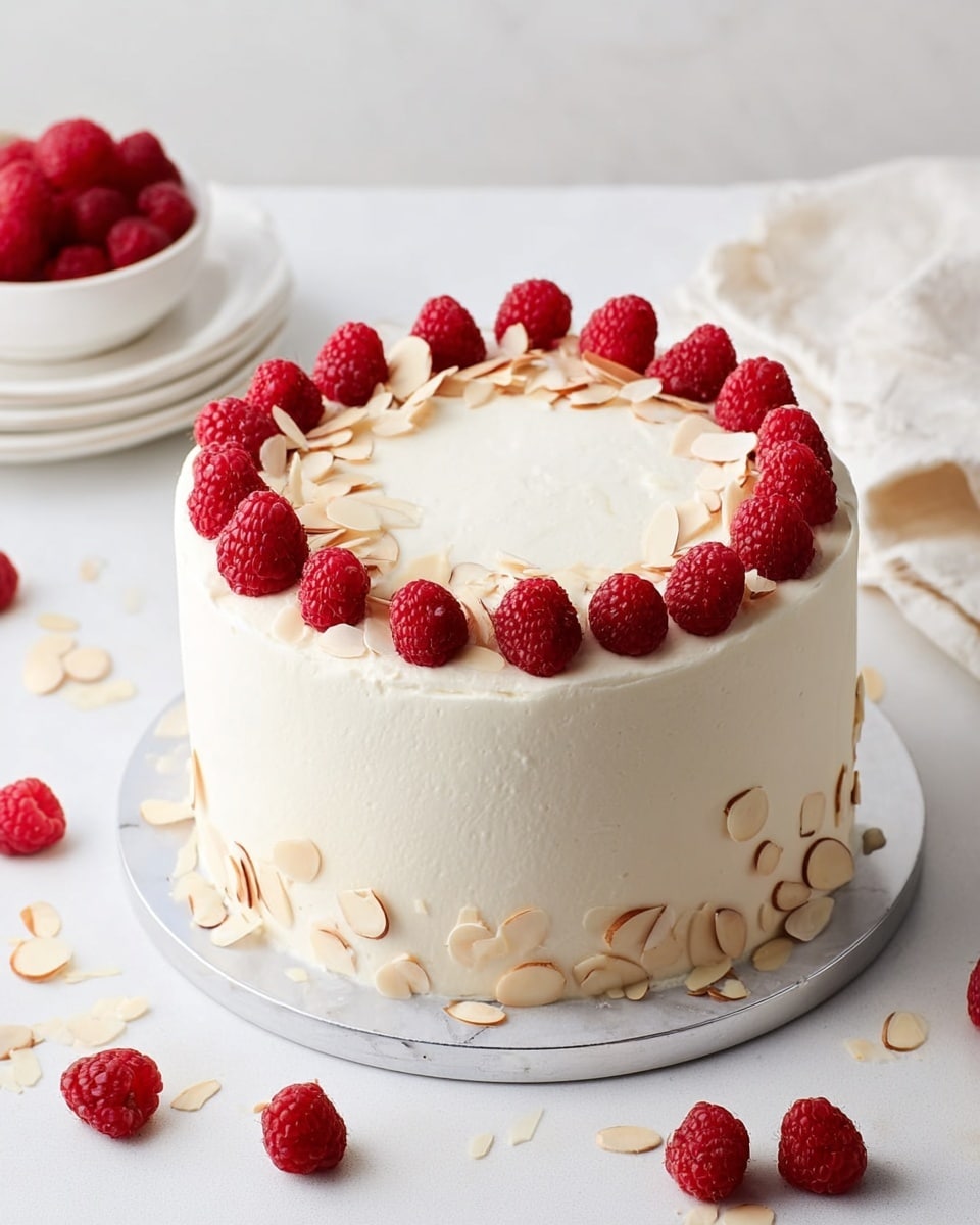 A tall, round cake with smooth white frosting covers the entire surface. On top, there is a single layer of bright red raspberries arranged in a circle near the edge, interspersed with light beige almond slices. The cake sits on a white marbled round board with a silver cake board beneath it. Around the cake on the white marbled surface, there are scattered fresh raspberries and almond slices. In the background, you can see a small white bowl filled with raspberries and a stack of white plates. Photo taken with an iphone --ar 4:5 --v 7