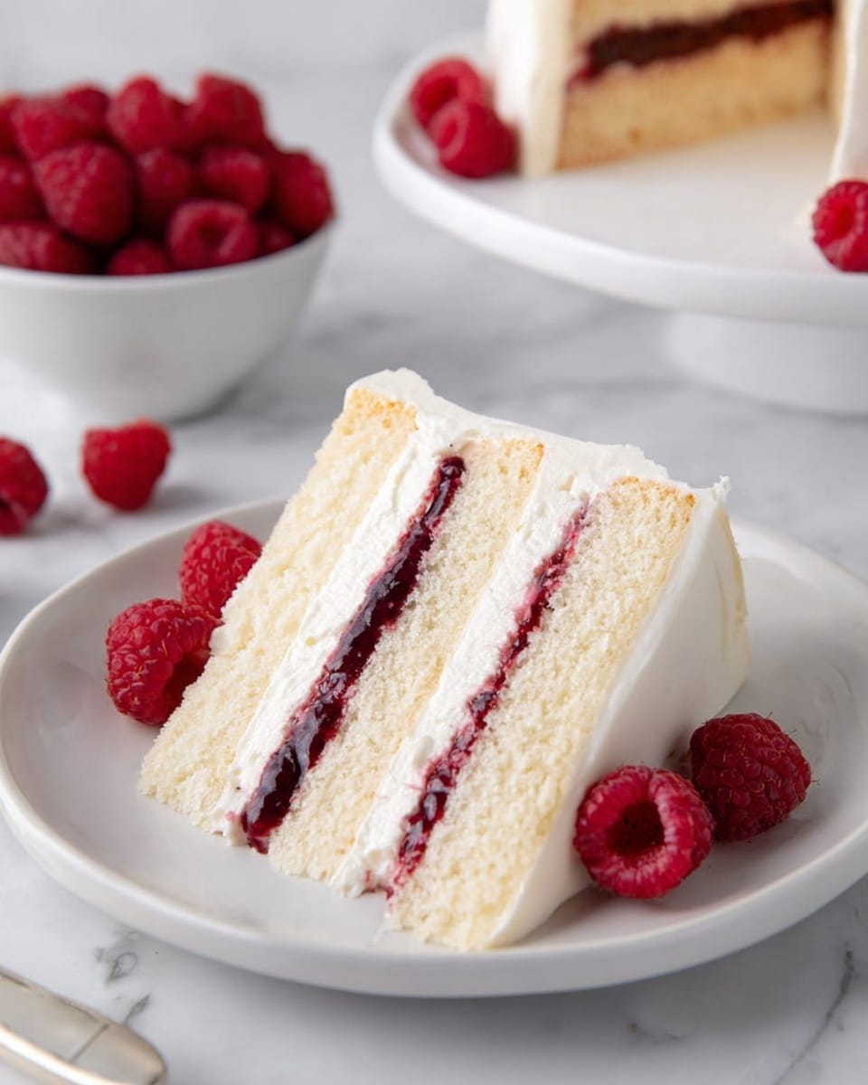 A slice of white layered cake with two layers of light, fluffy white sponge separated by two thin layers of dark red raspberry jam, all covered in a smooth white frosting. The cake slice sits on a white plate, and there are fresh red raspberries placed around the slice. In the background, a white bowl filled with fresh raspberries and another piece of the same cake are visible on a white marbled surface. Photo taken with an iphone --ar 4:5 --v 7
