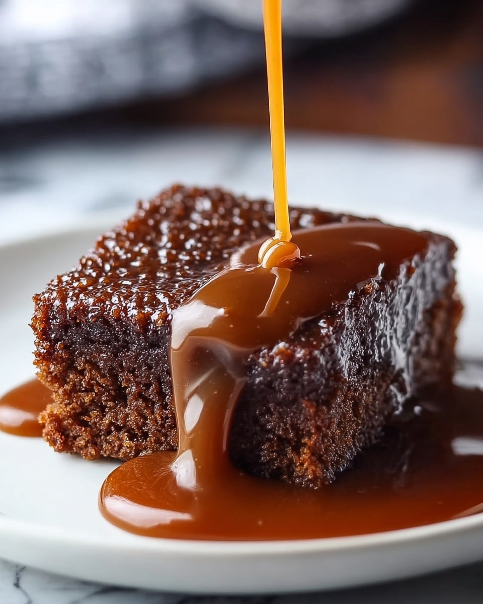 A single square piece of dark brown sticky cake with a textured, slightly crispy top layer sits on a white plate, covered in thick, glossy caramel sauce being poured from above, creating a pool of sauce around the cake; the cake’s bottom layer is moist and dense with a slightly crumbly texture visible at the edges, all set against a white marbled background. photo taken with an iphone --ar 4:5 --v 7