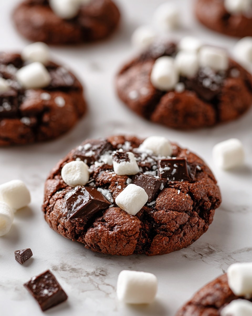 The image shows a close-up of warm, soft chocolate cookies on a white marbled surface, each cookie sprinkled with small white marshmallows and chunks of dark chocolate on top. The cookies have a slightly cracked texture with a rich brown color, appearing moist and chewy. There are several cookies arranged scattered in the frame, with the main cookie in sharp focus in the foreground, and the others softly blurred in the background, creating a cozy and inviting feel. photo taken with an iphone --ar 4:5 --v 7