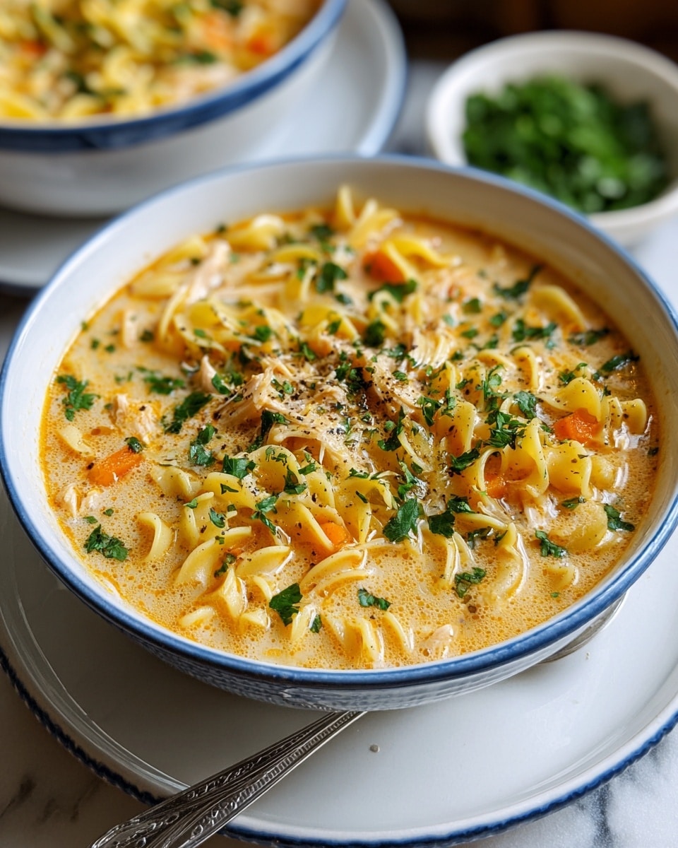 The image shows a bowl of creamy chicken noodle soup served in a white bowl with blue rim details, placed on a white plate on a white marbled surface. The soup has a rich, light orange broth filled with curly yellow egg noodles, small pieces of orange carrots, and shredded chicken. The top is sprinkled with fresh green chopped parsley and a light dusting of black pepper, adding specks of color and texture. In the background, there is a small white bowl with bright green chopped herbs, suggesting extra garnish, and another white bowl with a similar soup, slightly out of focus. A silver spoon with an engraved handle rests just touching the plate. photo taken with an iphone --ar 4:5 --v 7