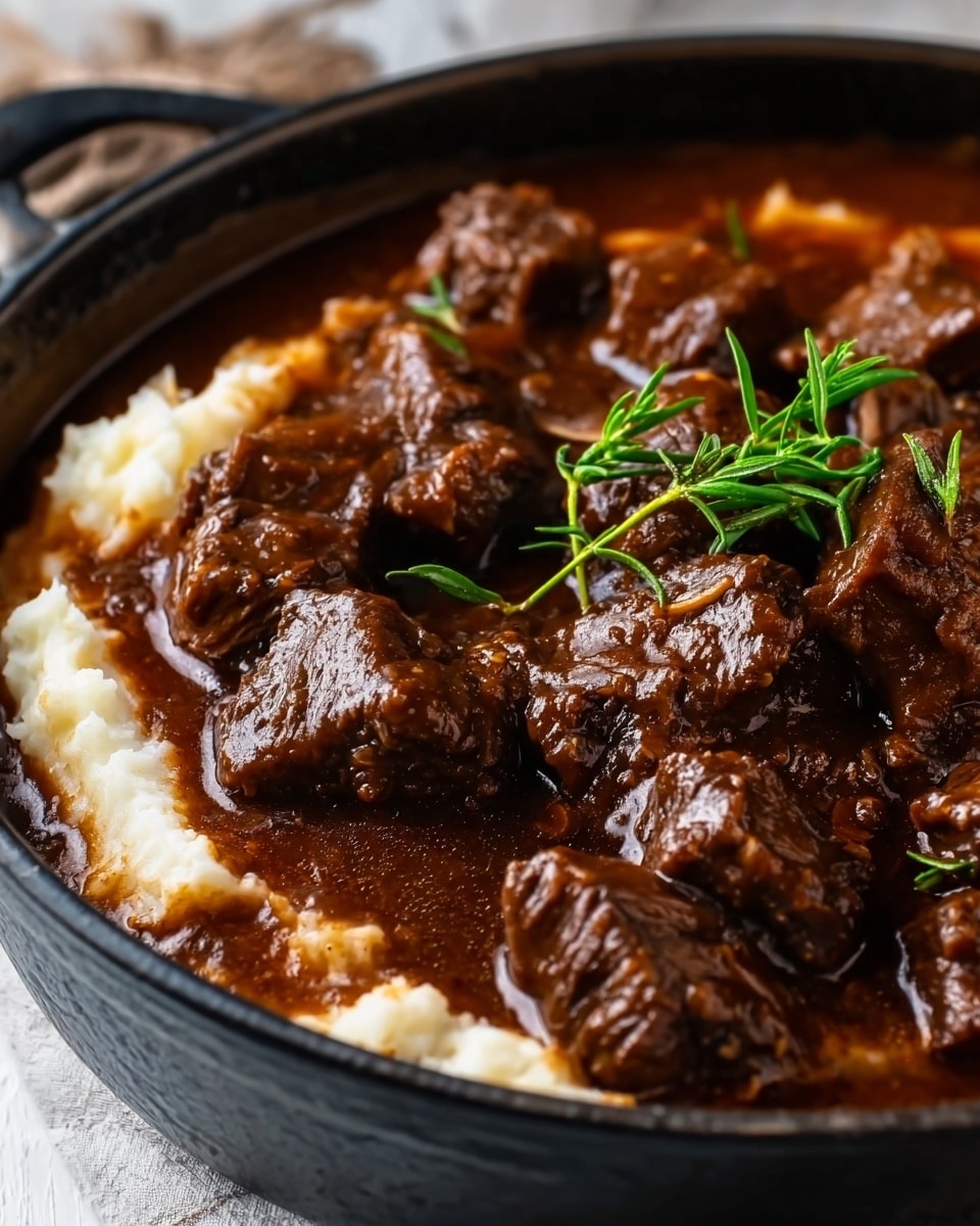 The image shows a black cast iron pan filled with a rich, dark brown beef stew with large tender pieces of meat covered in thick sauce. Underneath the beef, there is a visible layer of soft, white mashed potatoes peeking through the sauce at the edges. A few small green herb sprigs rest on top of the beef, adding a fresh color contrast. The pan is placed on a surface with a white marbled texture. Photo taken with an iphone --ar 4:5 --v 7