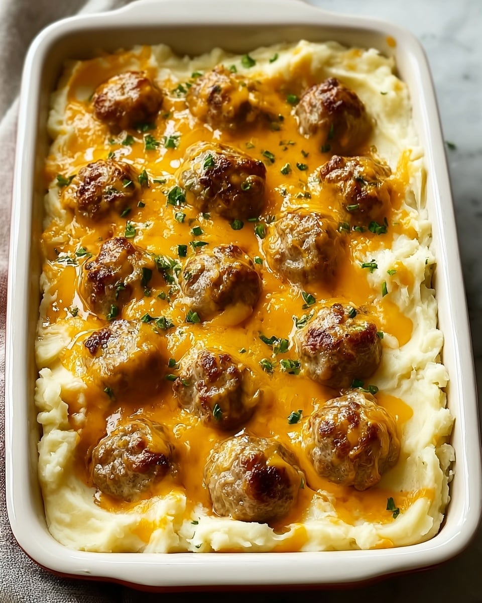 A rectangular white baking dish filled with a base layer of creamy mashed potatoes, smooth and pale yellow in color, spread evenly. On top, there are browned meatballs arranged in rows, each with a slightly crispy textured surface. The meatballs are covered with a layer of melted golden-orange cheddar cheese that stretches in some spots and pools slightly around the edges. Small green herb pieces are sprinkled over the cheese, adding a fresh touch. The dish is set on a white marbled texture surface. Photo taken with an iphone --ar 4:5 --v 7